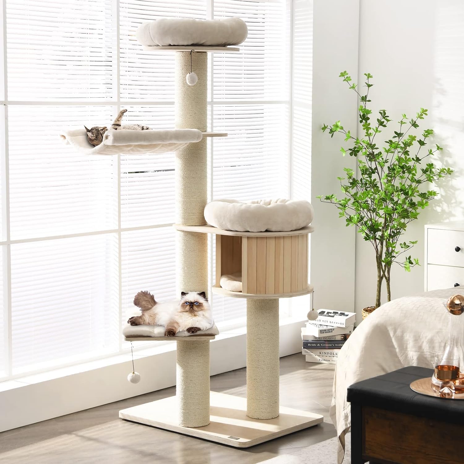 Large cat tree, multi-level tower with sisal posts, hammock, hanging basket and removable washable mats, perfect for large cats