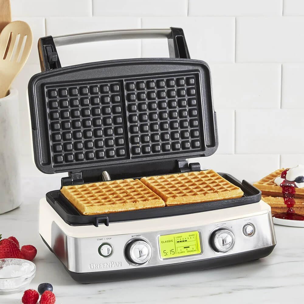 Elite 4-Square Belgian & Classic Waffle Iron, Healthy Ceramic Nonstick Aluminum Dishwasher Safe Plates, Adjustable Shade/Crunch Control, Wont Overflow, Easy Cleanup Breakfast,