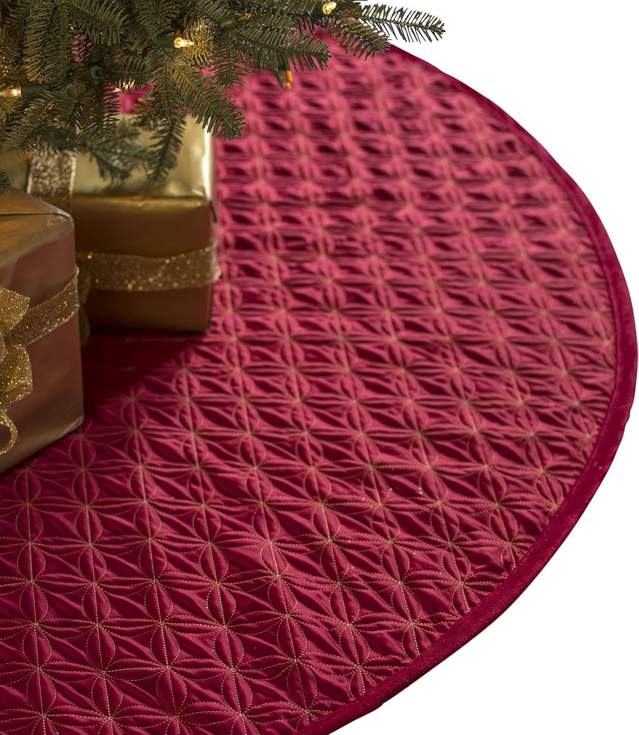 Balsam Hill Lancaster Wedding Ring Quilted Tree Skirt, 72 inches, Cardinal Red