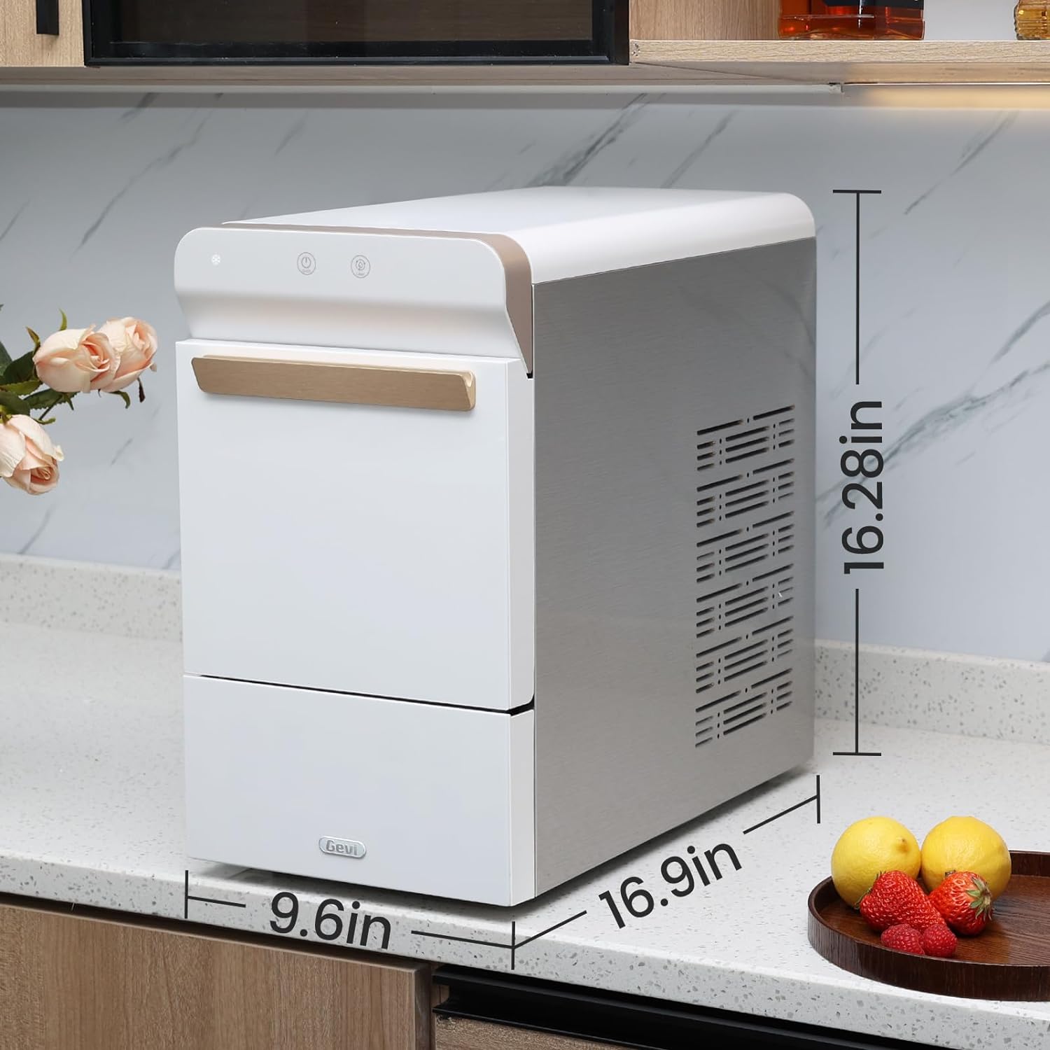 V2.0 Countertop Gemi Nugget Ice Maker | Self-Cleaning Pellet Ice Machine | Open and Pour Water Refill | Stainless Steel Housing | Fit Under Wall Cabinet | White