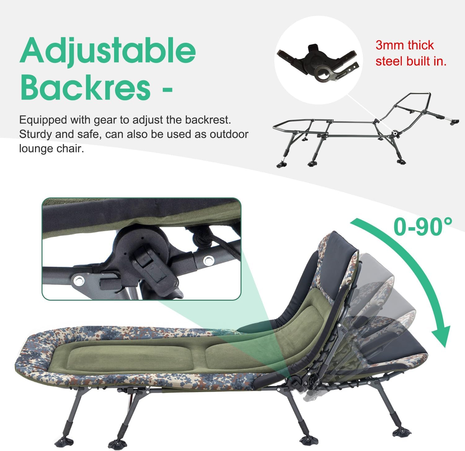 Green Camping Cot with Mattress, Heavy Duty Folding Bed, 330lbs Capacity, Adjustable Reclining Outdoor Lounger, Portable with Carry Bag