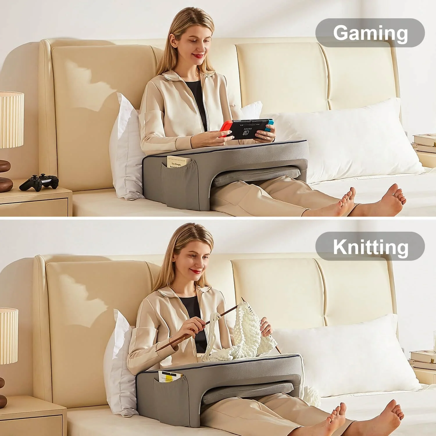 Soft Lap Desk Pillow for Adult, Extra Large Reading Pillow with Pocket, Arm Rest Pillow, Memory Foam Bed Rest Pillow can Reading, Working in Bed Floor Sofa (Grey)