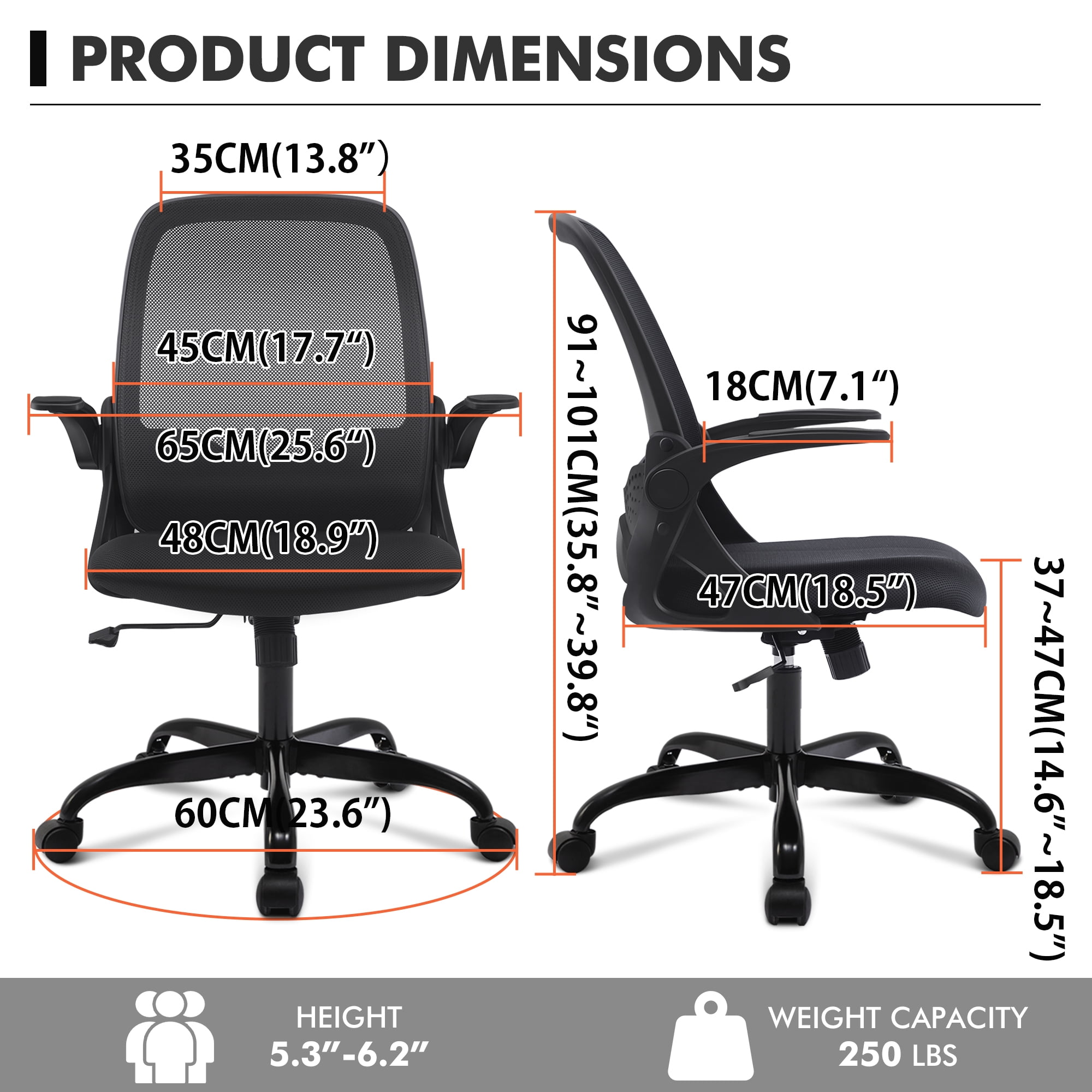 Coolhut Office Chair Ergonomic Home Desk Chair with Adjustable Armrests Mesh Computer Chair, Black