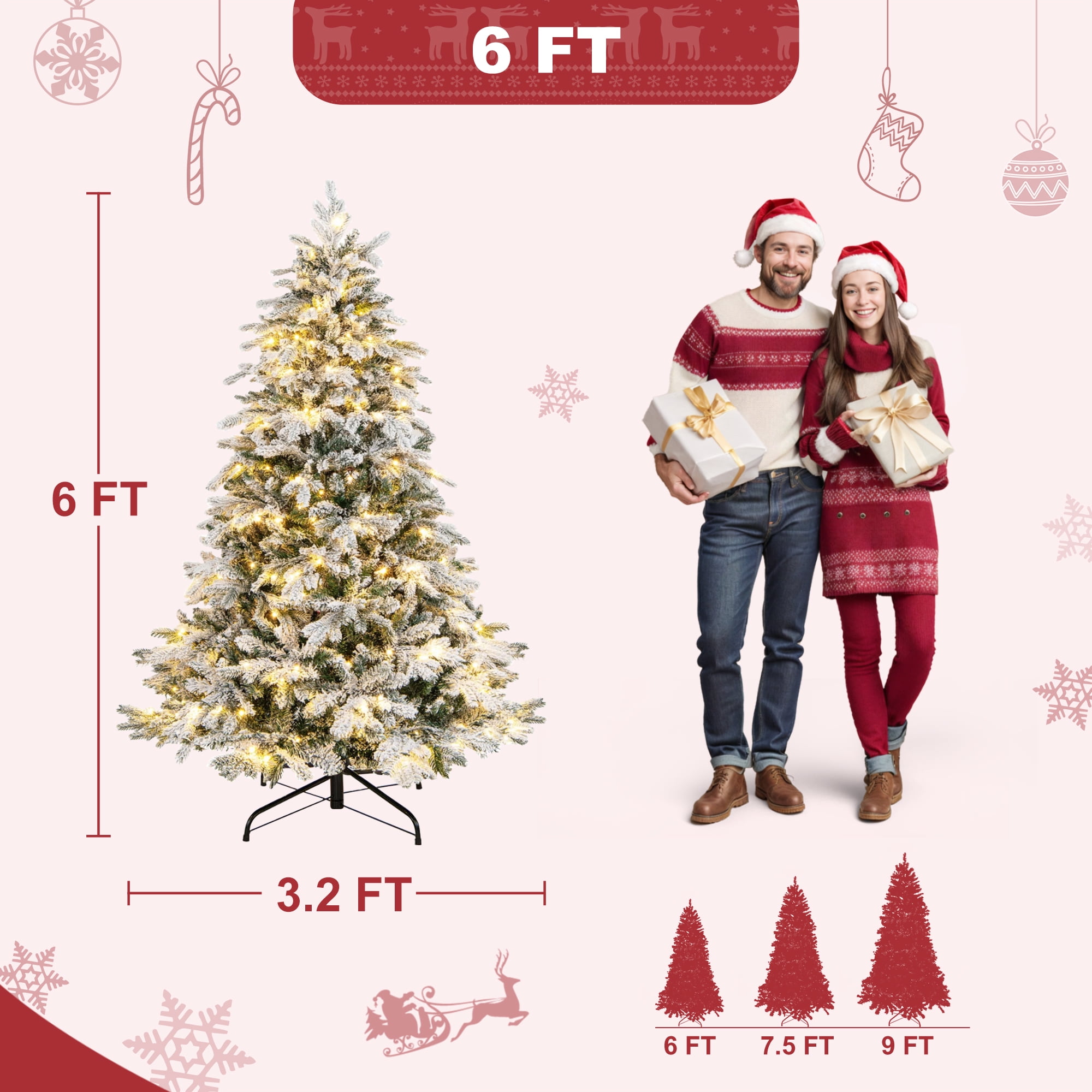 Vrilay 6ft Pre-Lit Snow Flocked Artificial Christmas Tree w/ 1000 Tips 300 Lights, Gold Ribbon & Snowflake Christmas Decorations