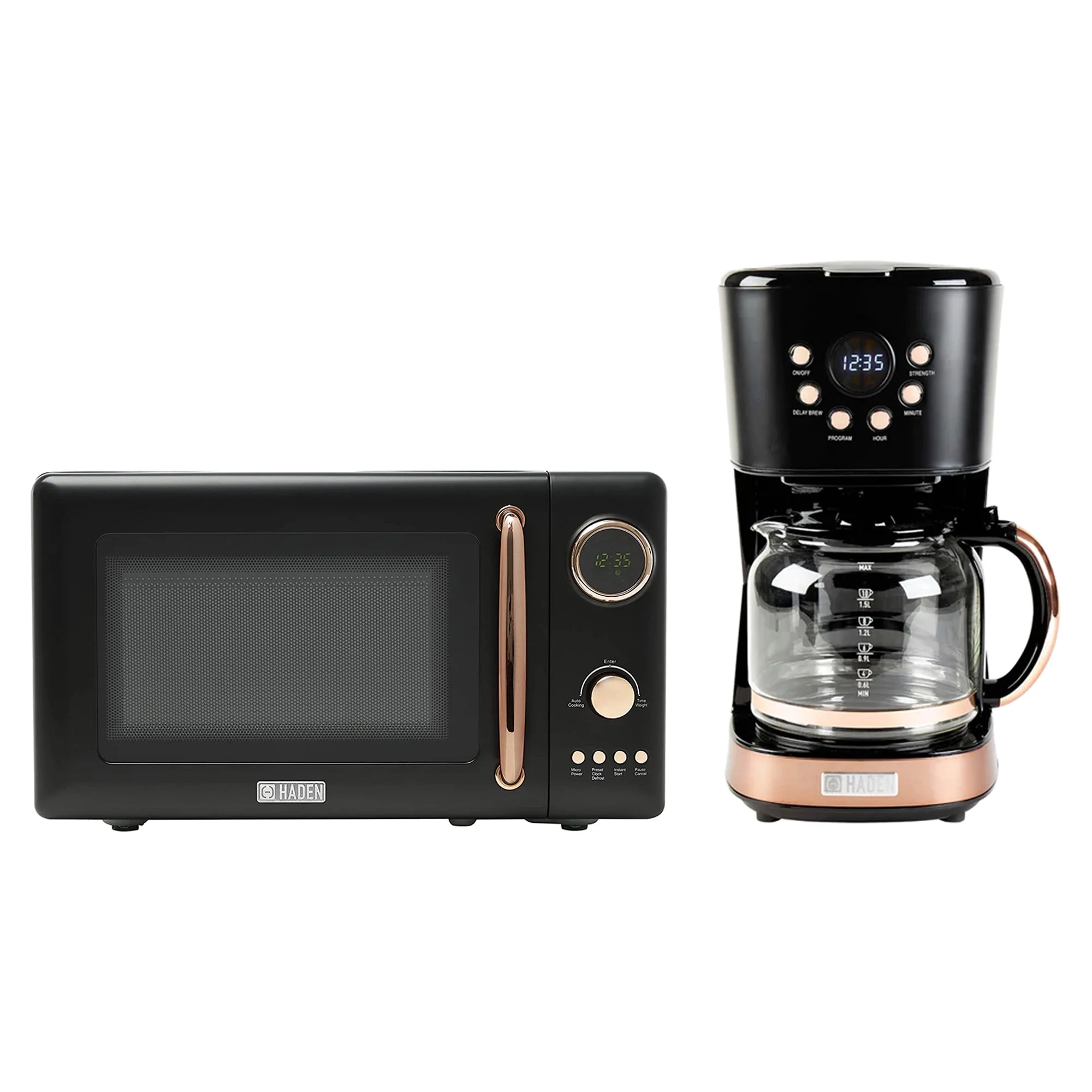 Haden 700W Microwave Oven and 12 Cup Coffee Maker Machine Set, Black/Copper