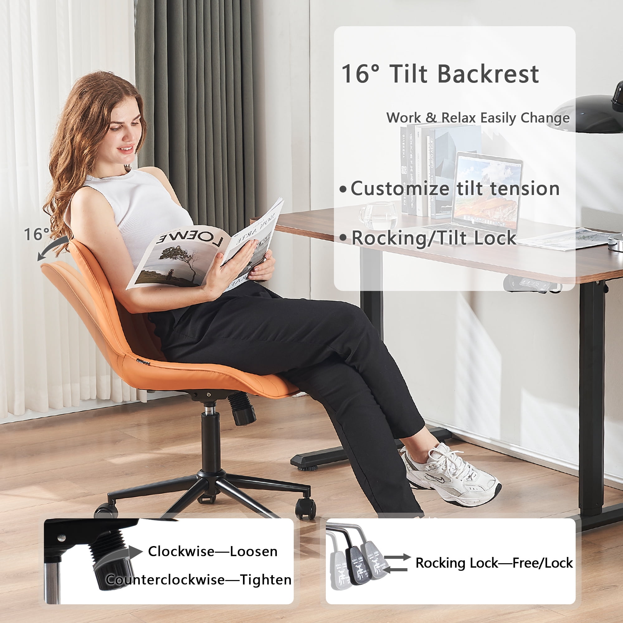 YOUNIKE Cute Armless Office Desk Chair Modern Upholstered Faux Leather Swivel Task Chair, Brown