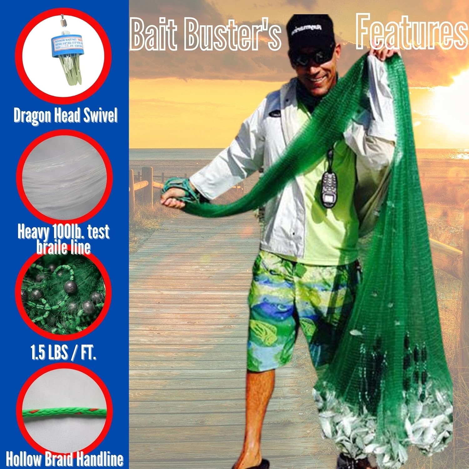 Bait Buster 5FT Radius Cast Net, Green, 3/8′′ Sq. Mesh, 100 LB Braille Lines, Fishing