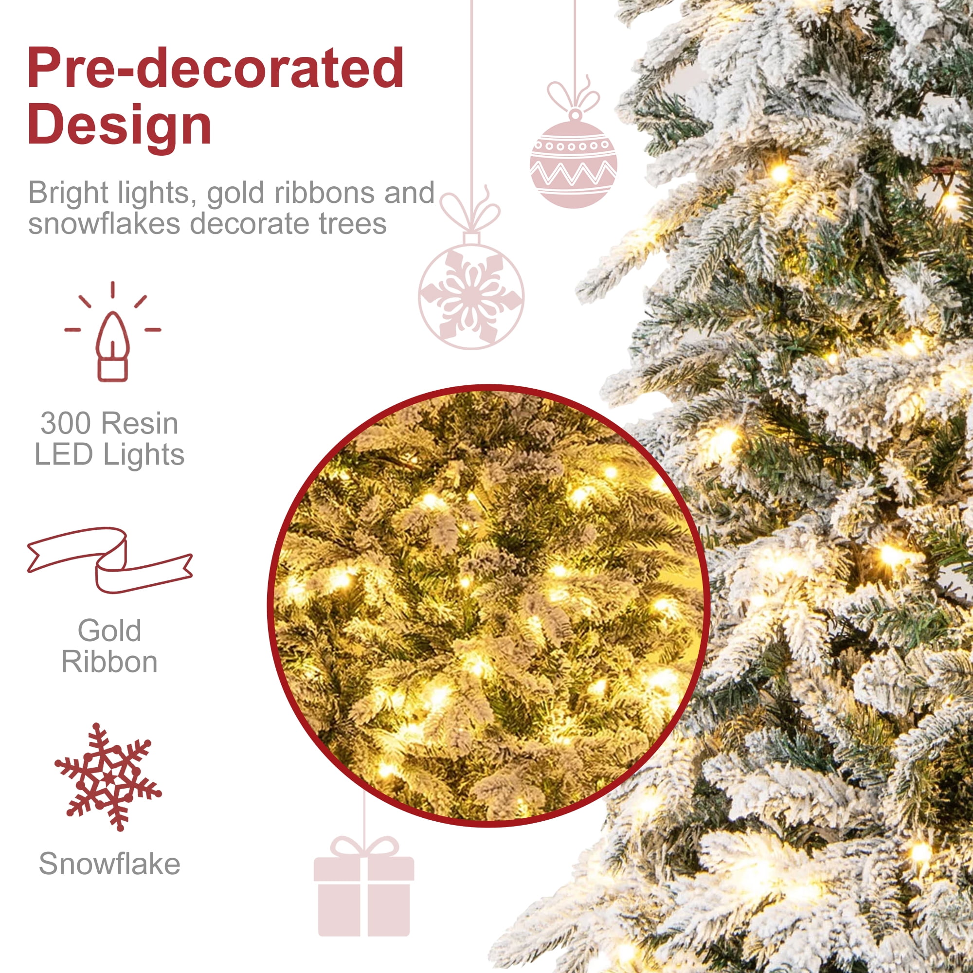 Vrilay 6ft Pre-Lit Snow Flocked Artificial Christmas Tree w/ 1000 Tips 300 Lights, Gold Ribbon & Snowflake Christmas Decorations