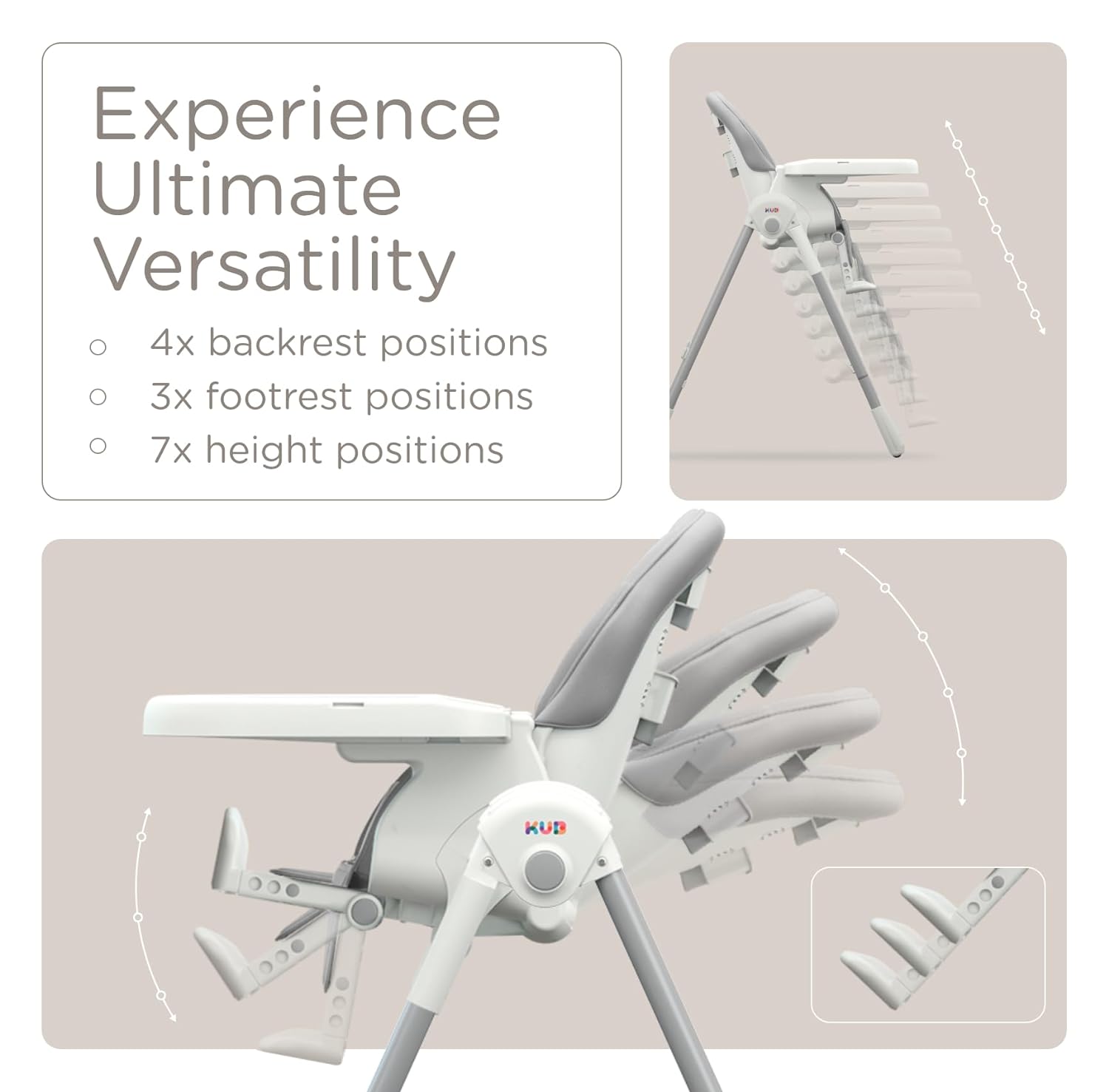 JBG Foldable Baby High Chair, Grey Faux Leather, Adjustable Height & Recline, Removable Tray, Locking Wheels, 5-Point Harness
