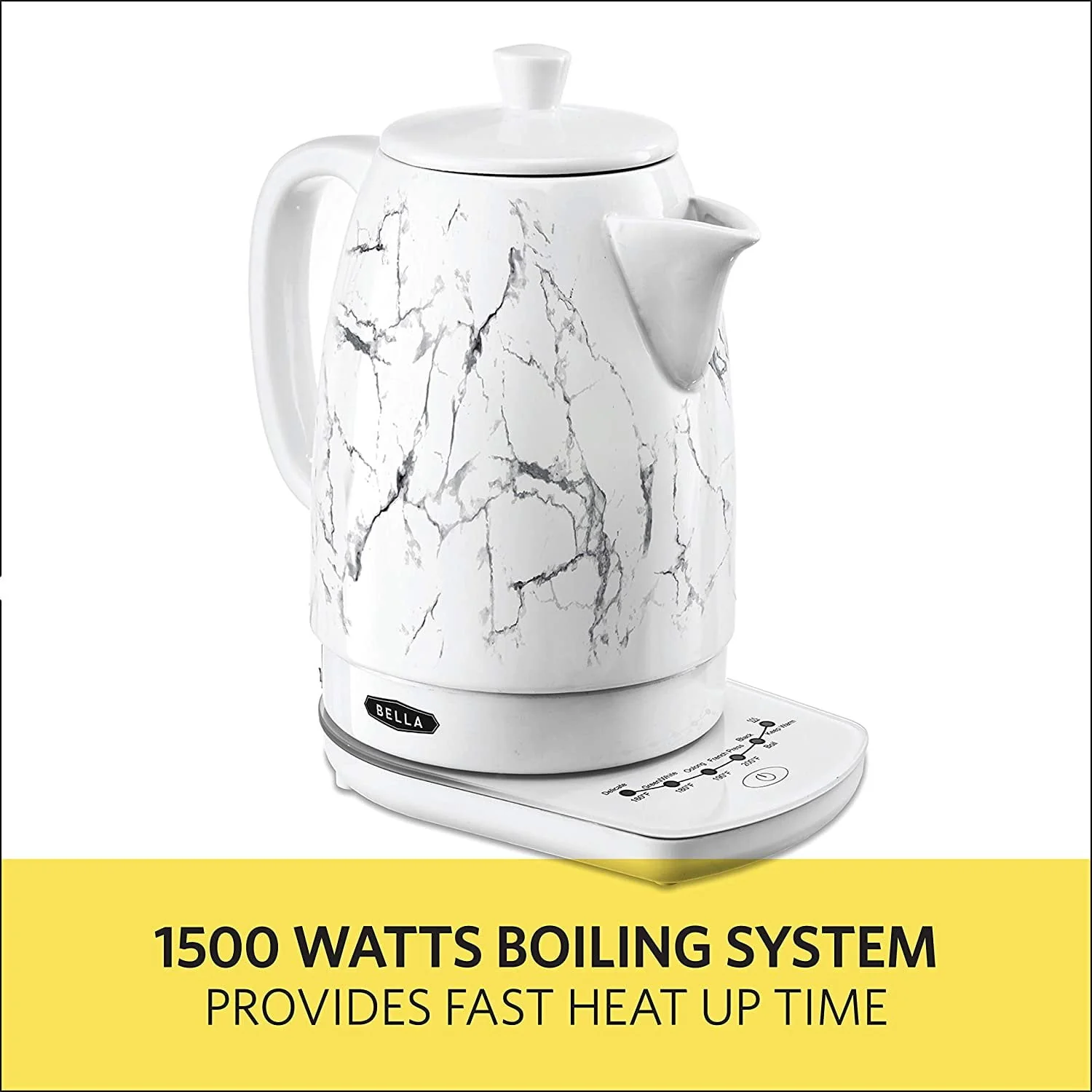 Bella Stylish 1.8 Liter 1500 Watt Ceramic Cordless Electric Kettle, White Marble