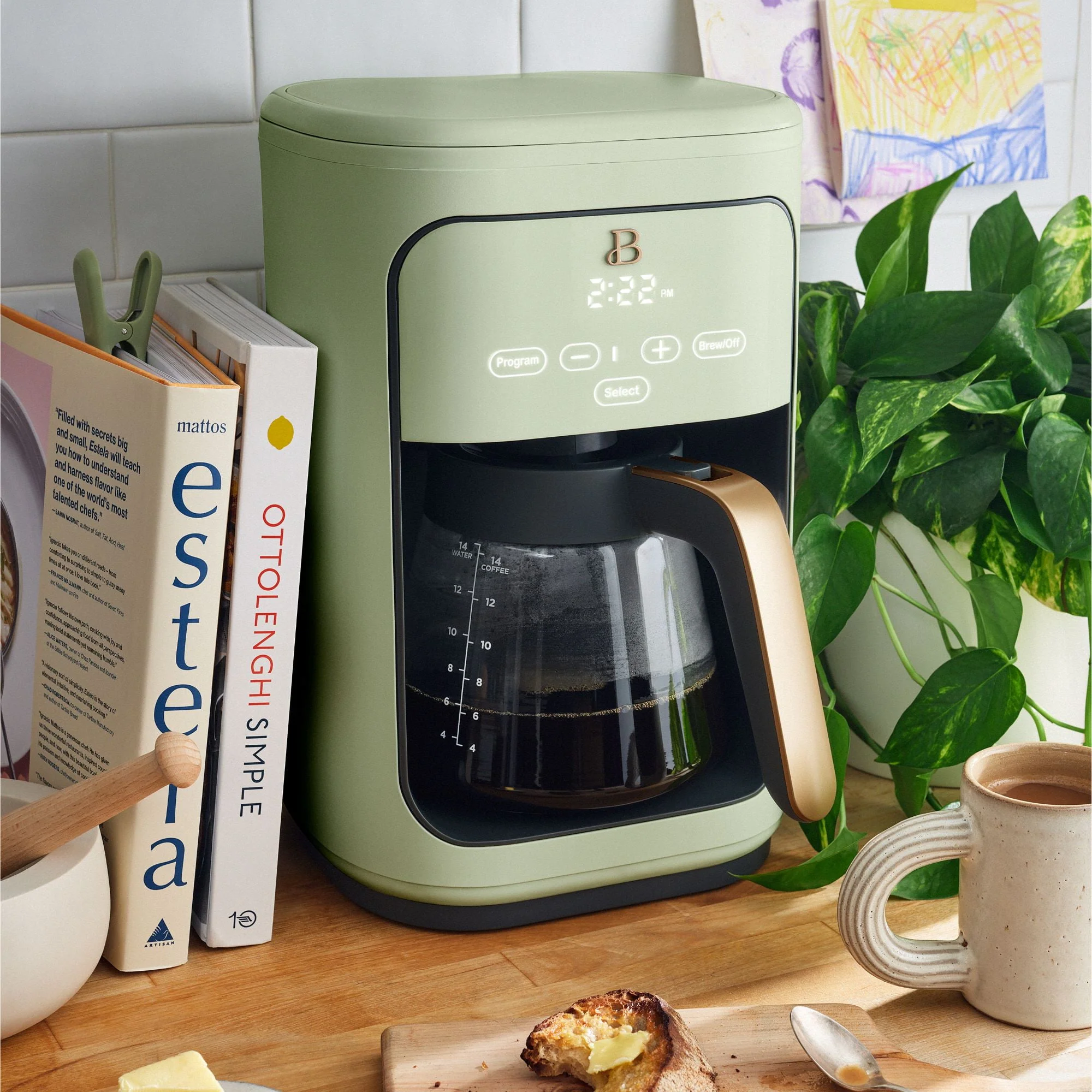 Beautiful 14-Cup Programmable Drip Coffee Maker with Touch-Activated Display, Sage Green by Drew Barrymore