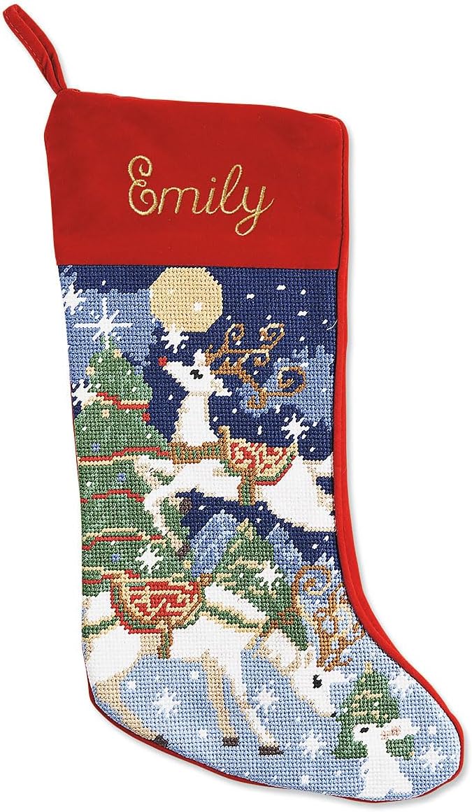 Lillian Vernon Personalized Needlepoint Reindeer Stocking - Heirloom Christmas Stocking, 100% Wool, 9.5” W x 17” L