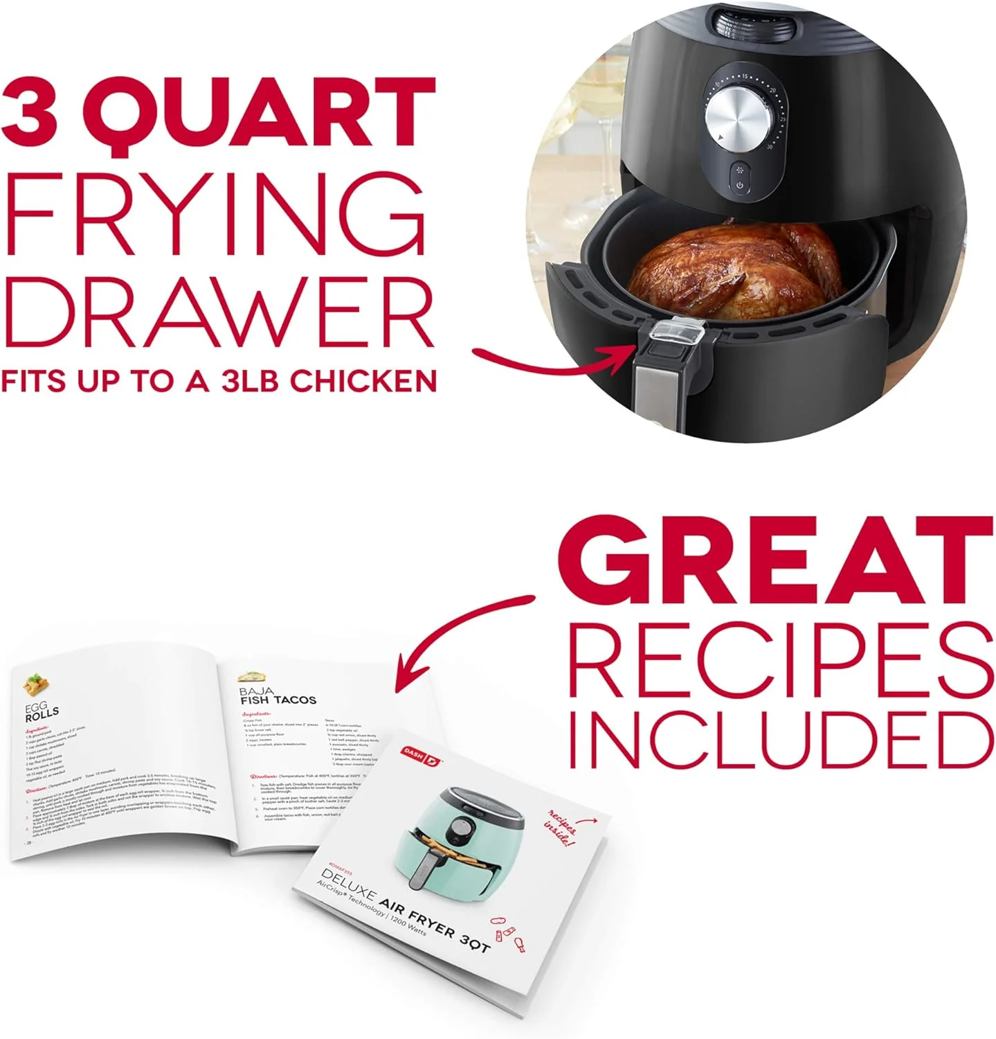 Dash Deluxe Electric Air Fryer + Oven Cooker with Temperature Control, Non-stick Fry Basket, Recipe Guide + Auto Shut off Feature, 1200-Watt, 3 Quart - Black