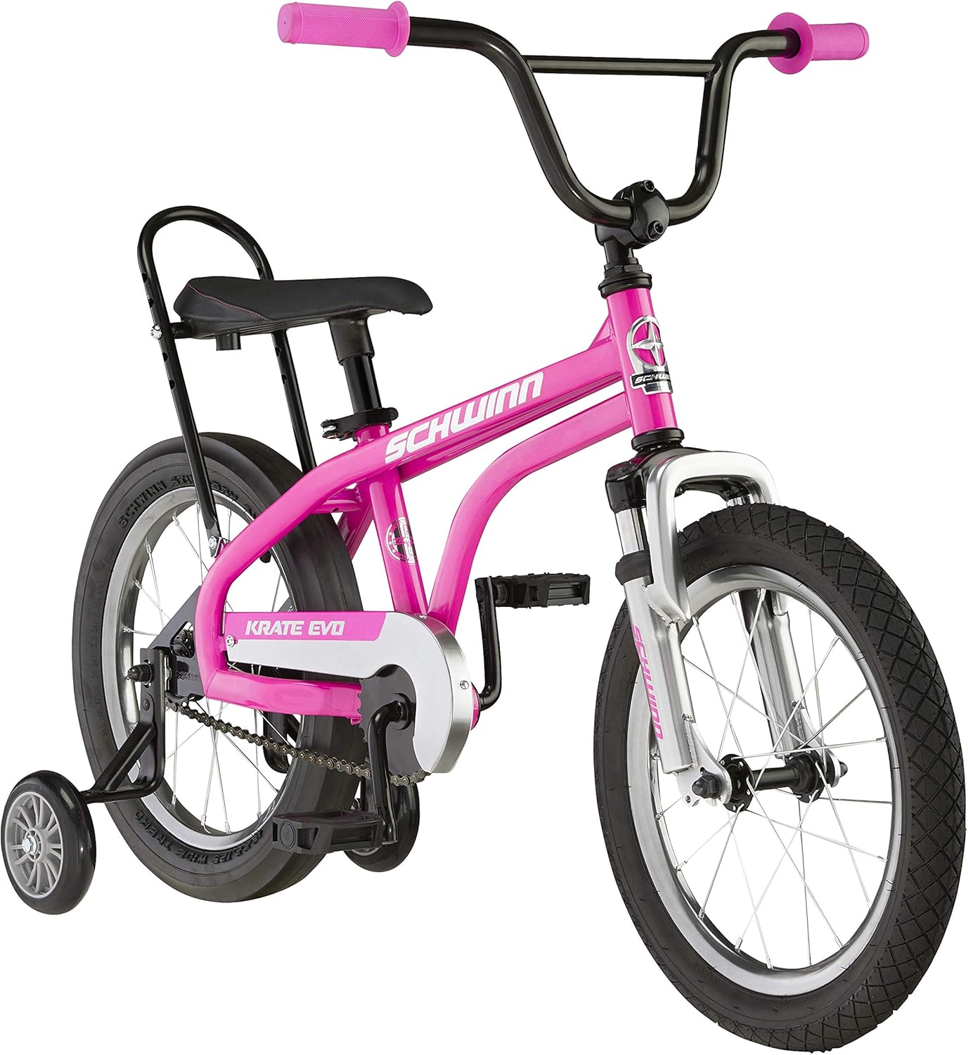 Schwinn Krate EVO Kids Bike, 16-Inch Wheels, Ages 3-5, Raspberry, Alloy Steel Frame, Training Wheels, Rear Coaster Brake