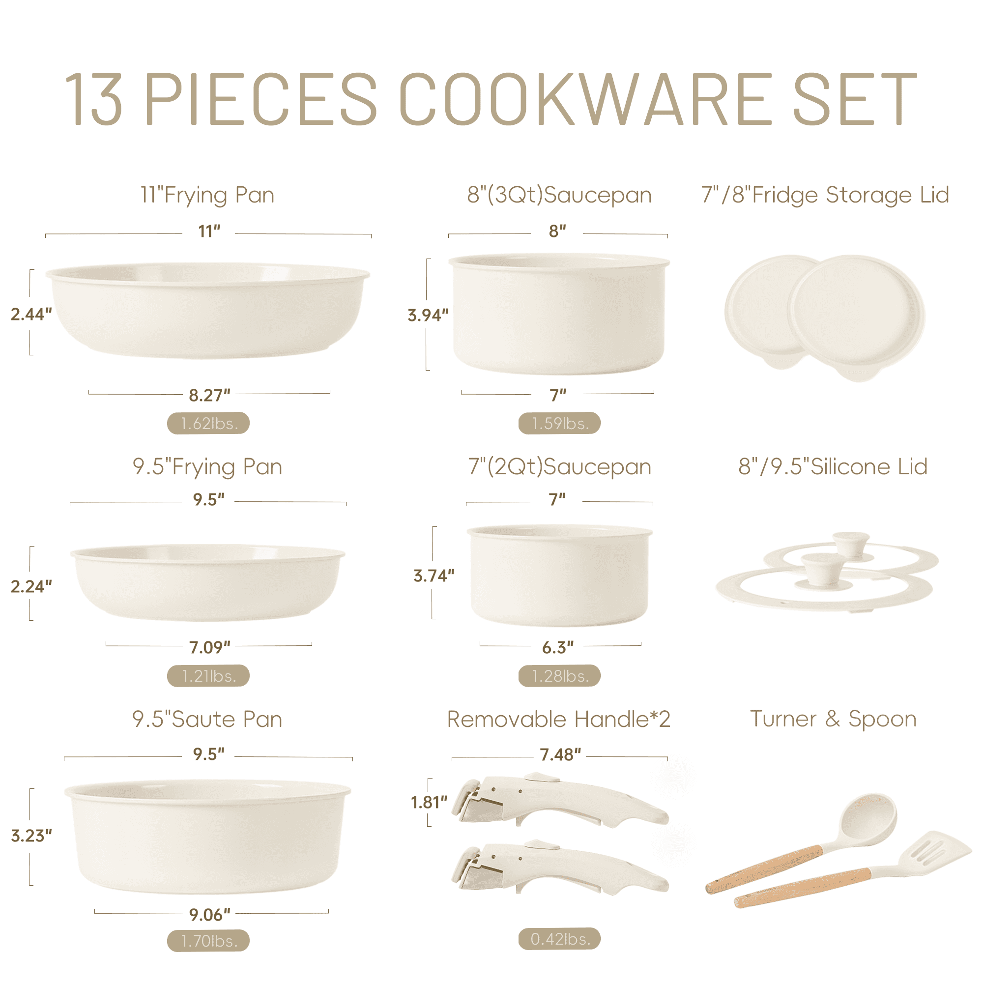 CAROTE 13-Piece Ceramic Cookware Set, Detachable Handle Pots and Pans Set, Oven Safe, Cream White