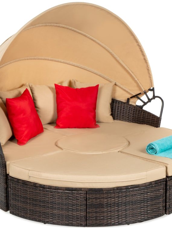 5-Piece 2-In-1 Wicker Daybed Sectional W/ Adjustable Seats, Canopy, Cover