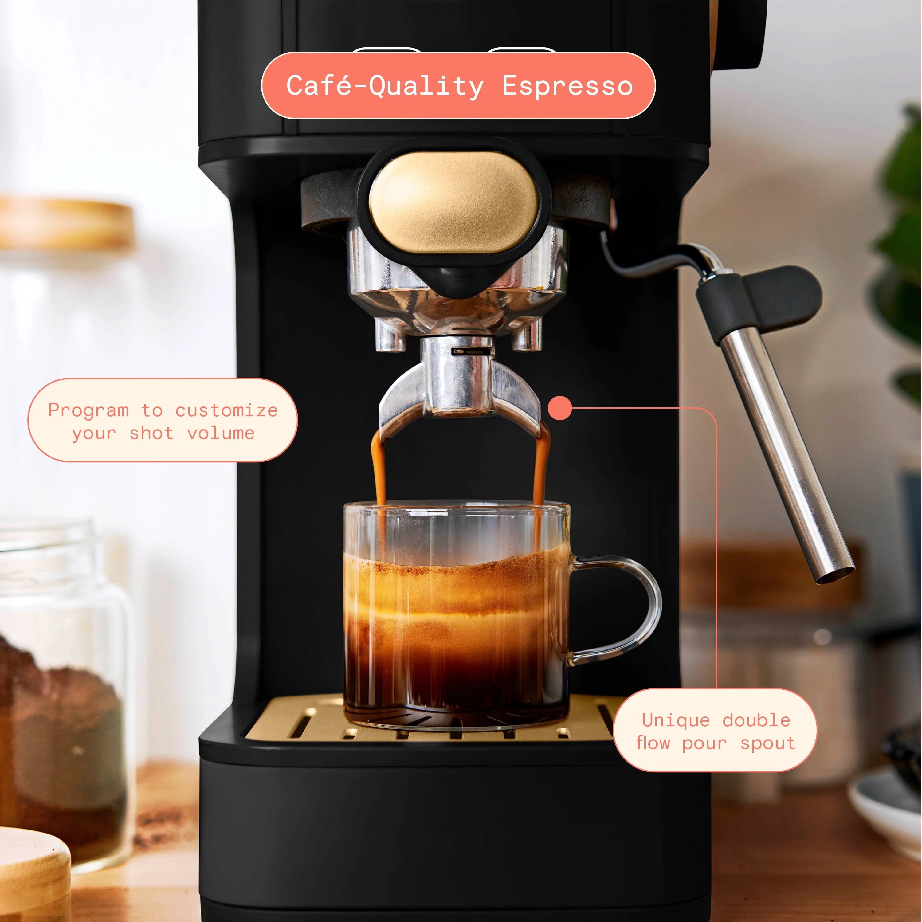 Beautiful Slim Espresso Maker with 20-Bar Pressure, Black Sesame by Drew Barrymore