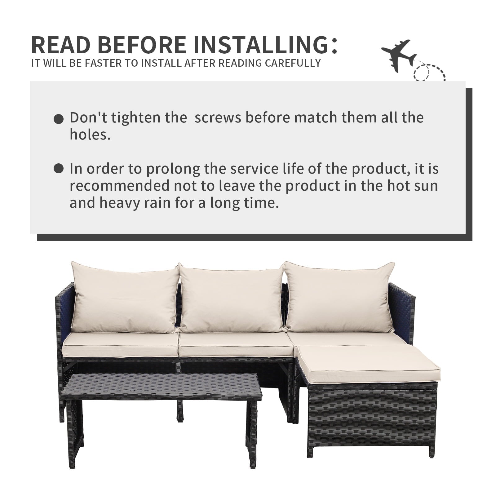 Waroom 3-Piece Patio Set: Outdoor Wicker Loveseat, Sofa & Coffee Table with Khaki Cushions