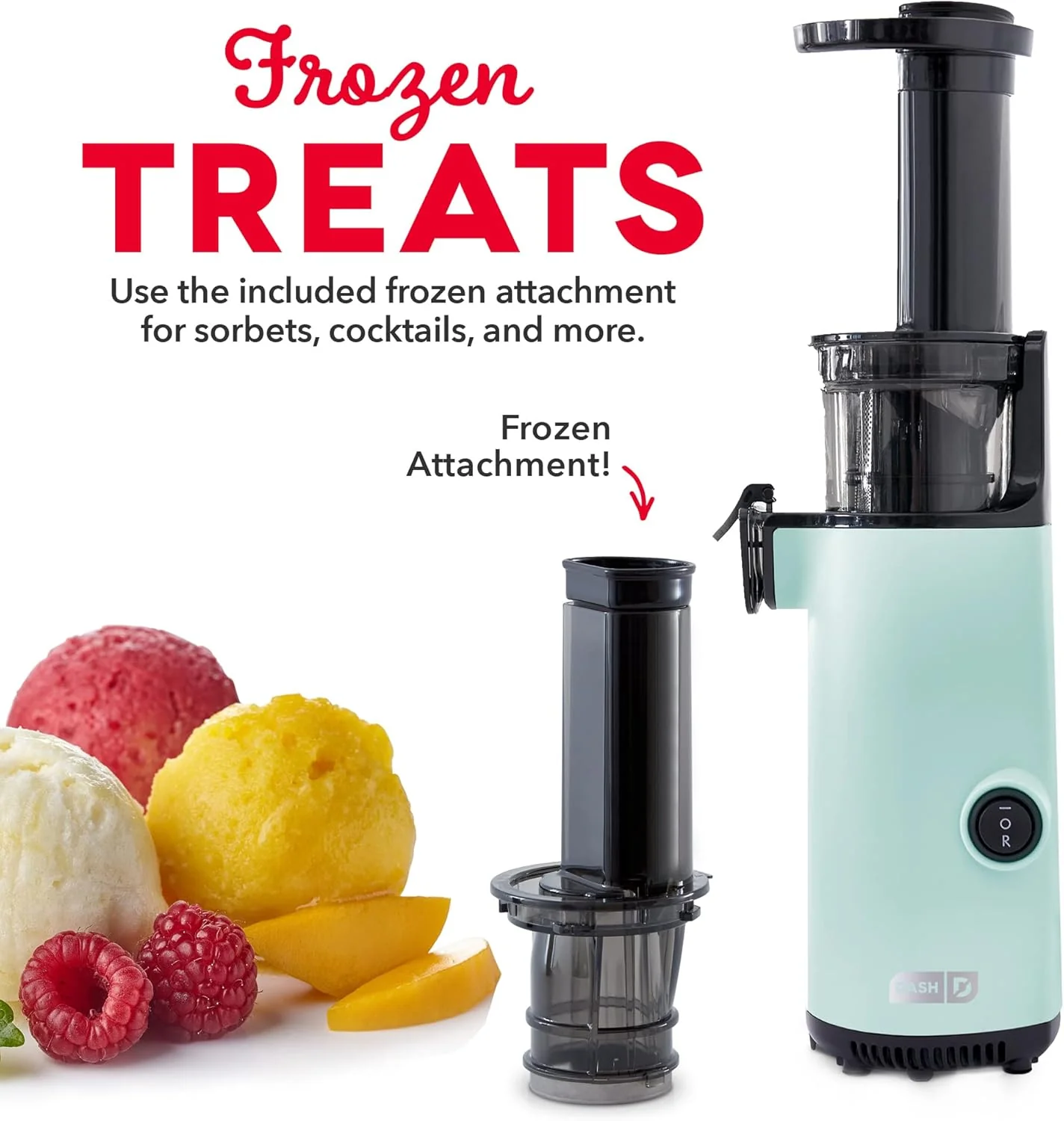 DASH Deluxe Compact Masticating Slow Juicer, Easy to Clean Cold Press Juicer with Brush, Pulp Measuring Cup, Frozen Attachment and Juice Recipe Guide - Aqua