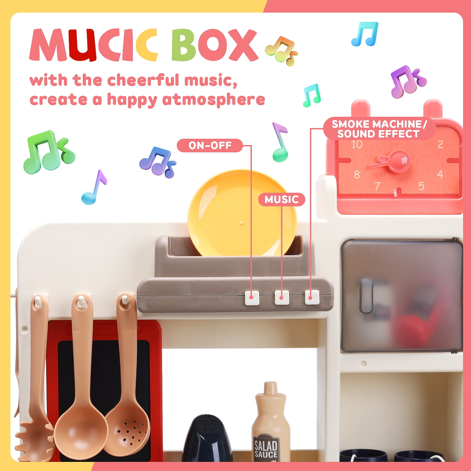 JoyStone 63PCS Kids Kitchen Playset,Play Kitchen Toy with Realistic Lights & Sounds,Pretend Steam, Play Sink & Oven, Menu Board & Other Kitchen Accessories Set for Toddlers