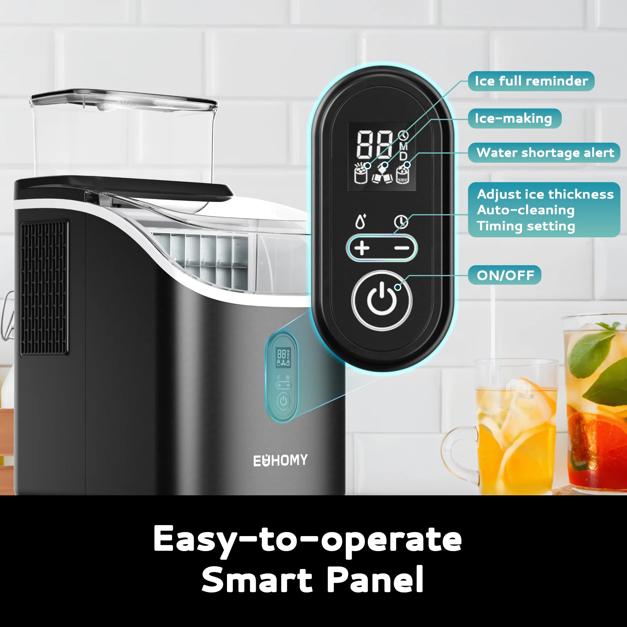 EUHOMY Ice Cube Maker Machine Countertop with External Water Tank, 34Lbs, 16Pcs Ready in 13 Mins, 2 Ways to Add Water, Auto-Cleaning, with Ice Scoop & Basket