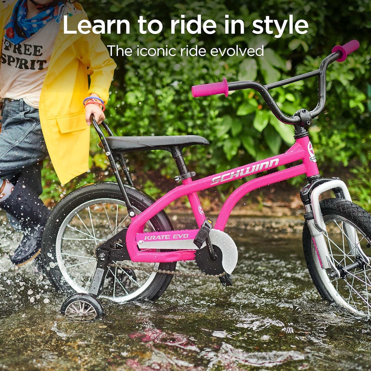 Schwinn Krate EVO Kids Bike, 16-Inch Wheels, Ages 3-5, Raspberry, Alloy Steel Frame, Training Wheels, Rear Coaster Brake