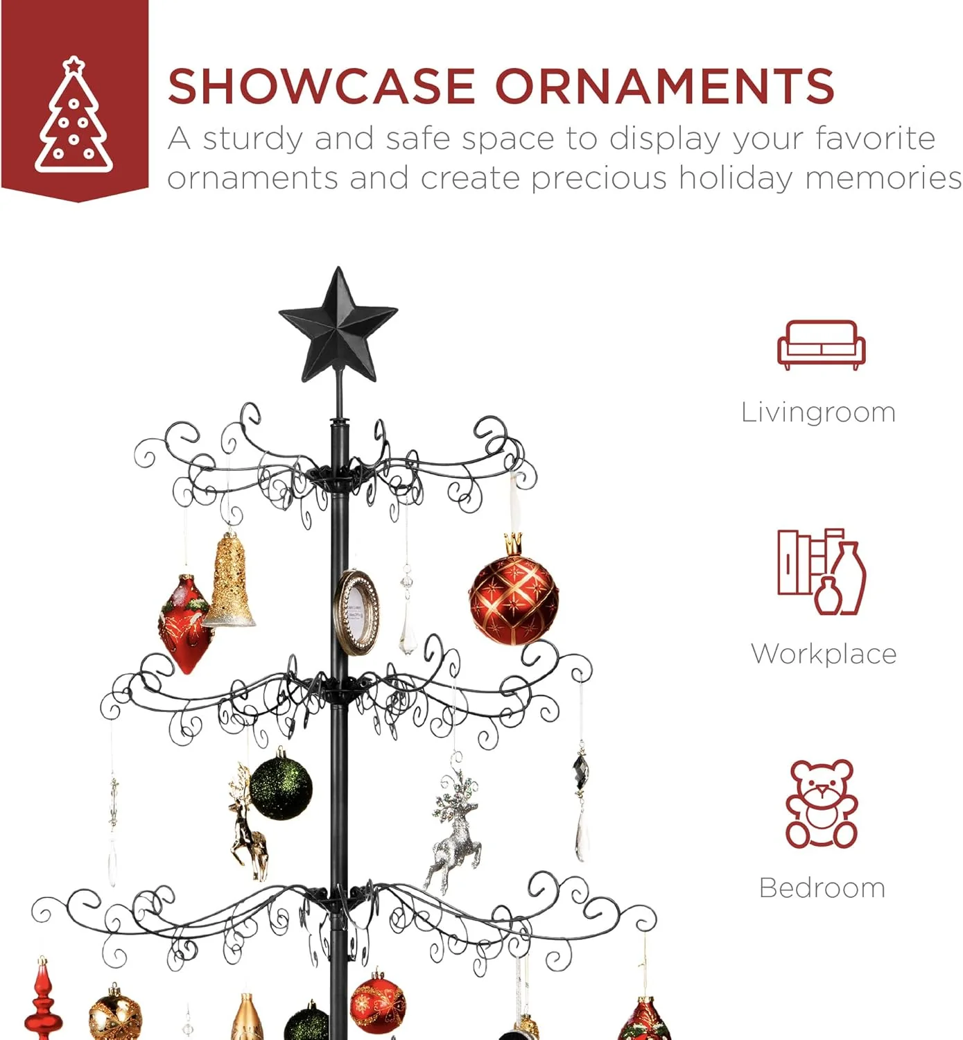 Best Choice Products 3ft Wrought Iron Ornament Display Christmas Tree w/Easy Assembly and Stand - Black