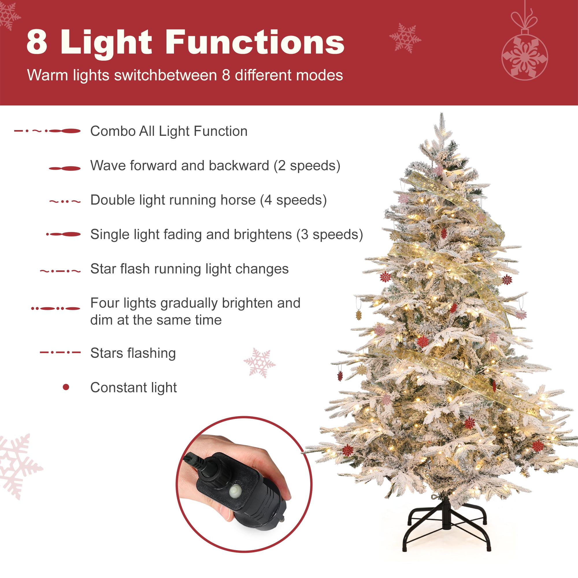 Vrilay 6ft Pre-Lit Snow Flocked Artificial Christmas Tree w/ 1000 Tips 300 Lights, Gold Ribbon & Snowflake Christmas Decorations