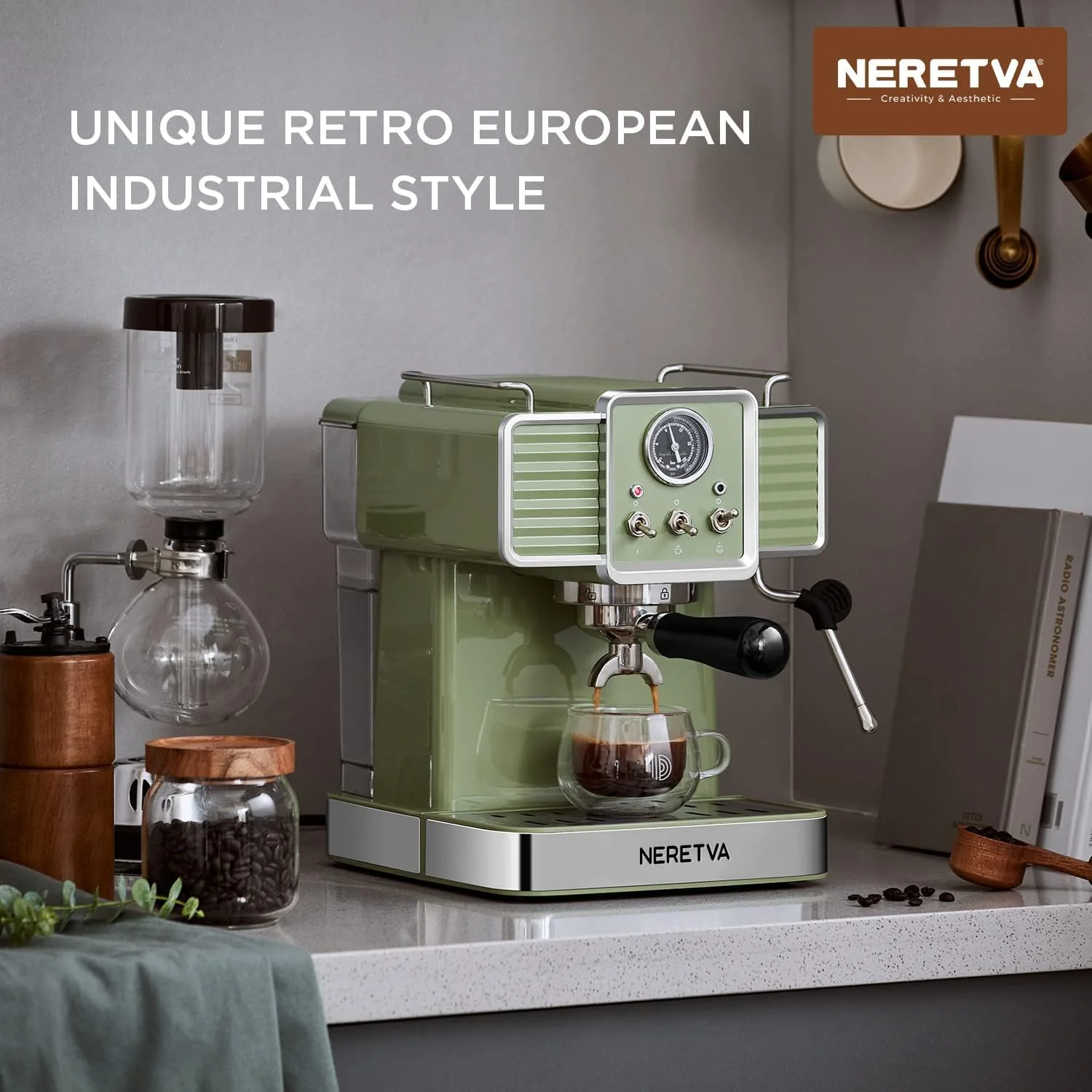 Neretva Espresso Coffee Machine 15 Bar Espresso Maker with Milk Frother Steam Wand Cappuccino, Latte for Home Barista, 1.6L Removable Water Tank
