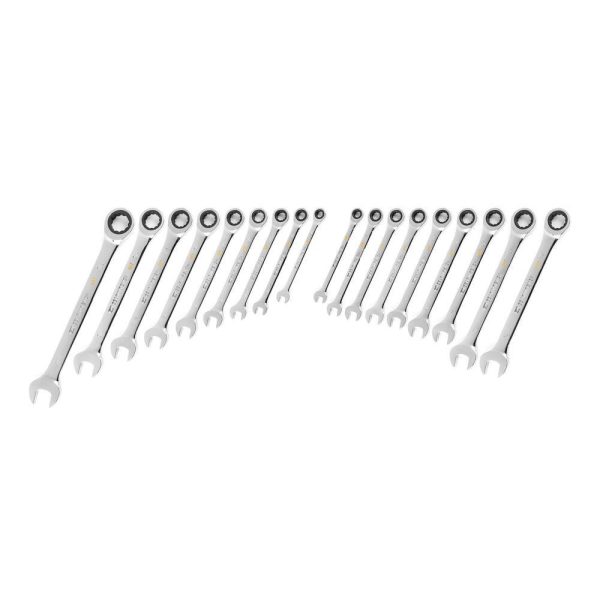 1006137126 SAE/MM 90-Tooth Pro Combination Ratcheting Wrench Tool Set with Tray (18-Piece)