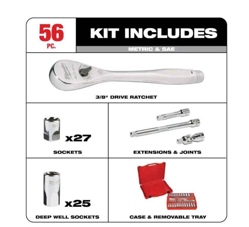 48-22-9008 3/8 in. Drive SAE/Metric Ratchet and Socket Mechanics Tool Set (56-Piece)