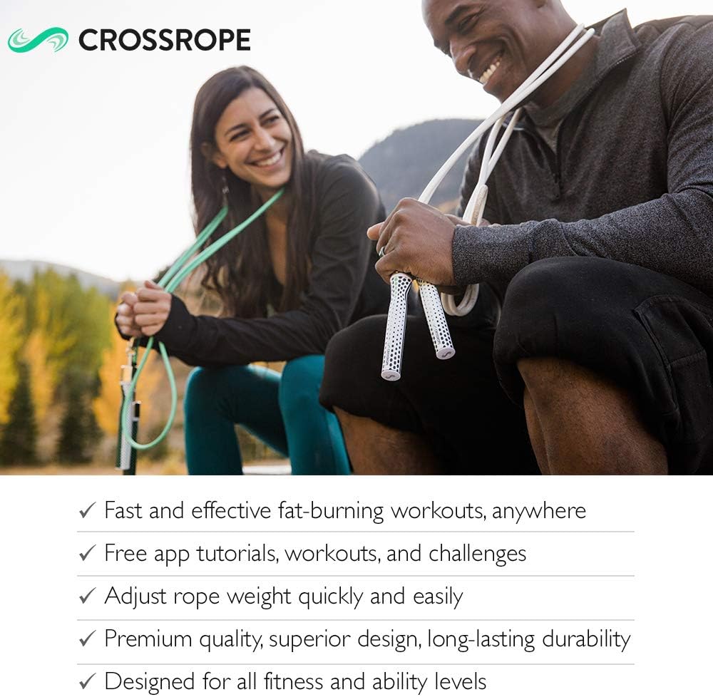 Crossrope Get Lean Weighted Jump Rope Set – Large Handles – 1/4 & 1/2 LB Ropes – Silver/White/Black/Green