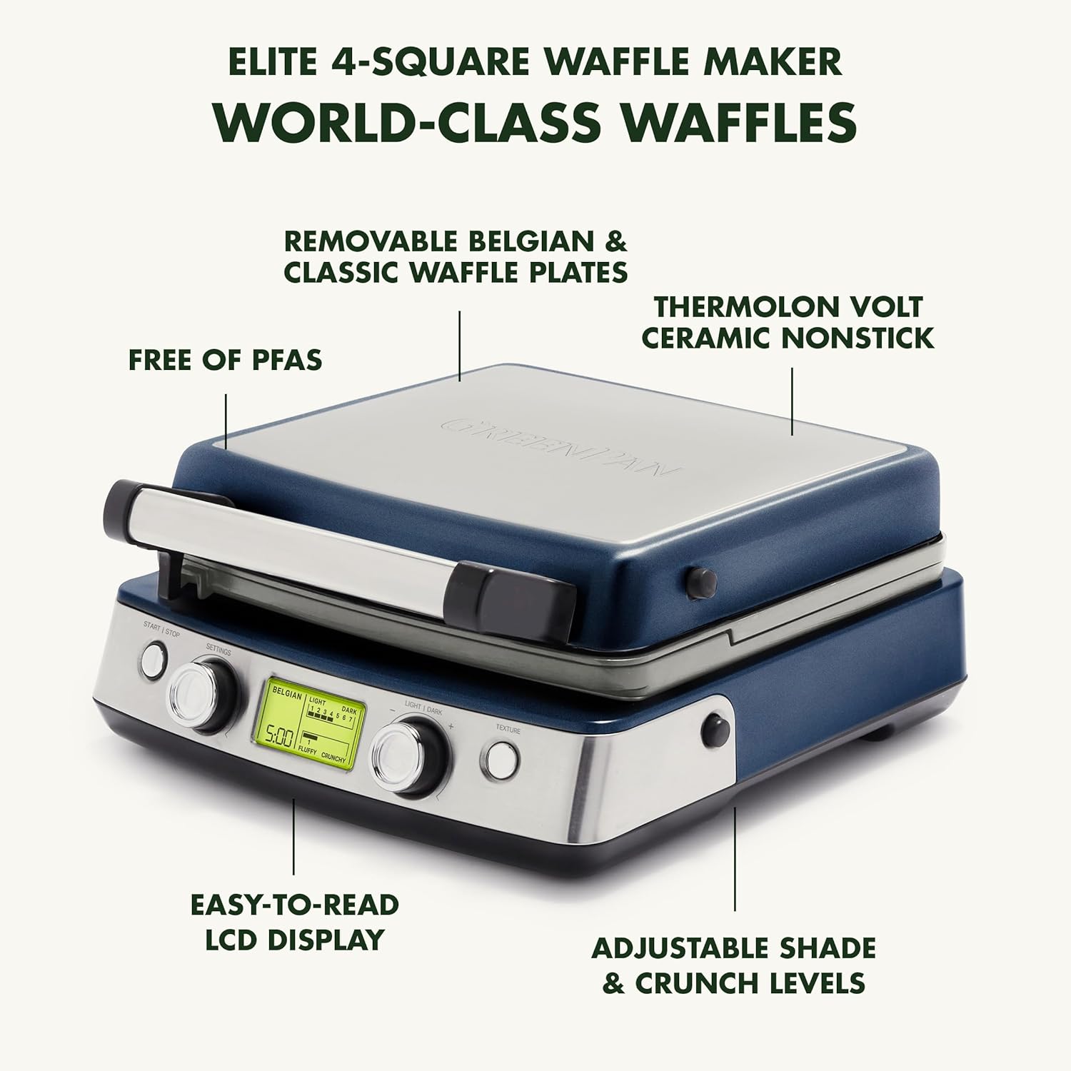 Elite 4-Square Belgian & Classic Waffle Iron, Healthy Ceramic Nonstick Aluminum Dishwasher Safe Plates, Adjustable Shade/Crunch Control, Wont Overflow, Easy Cleanup Breakfast,