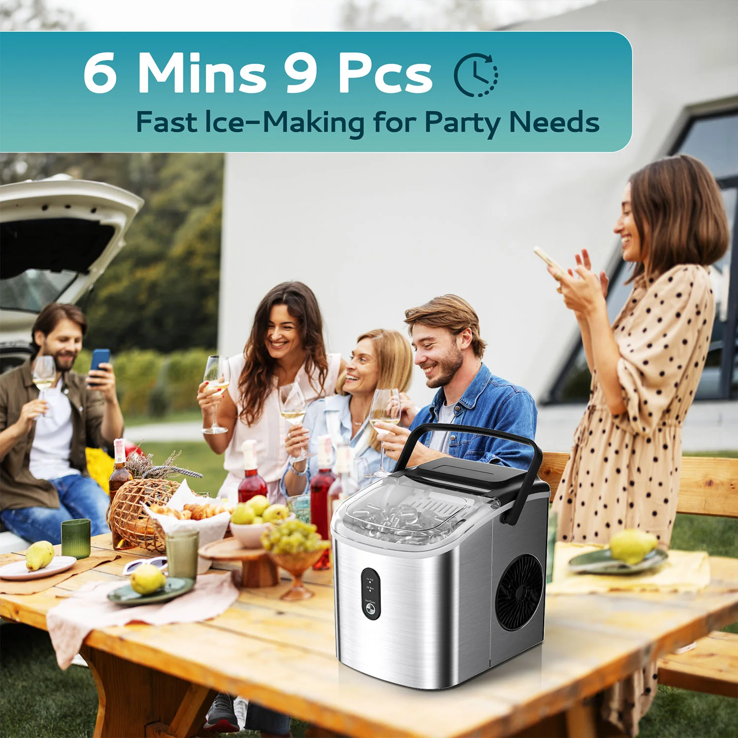 EUHOMY Countertop Ice Maker Machine with Handle 26.3lbs per Day 9 Cubes in 6 Mins