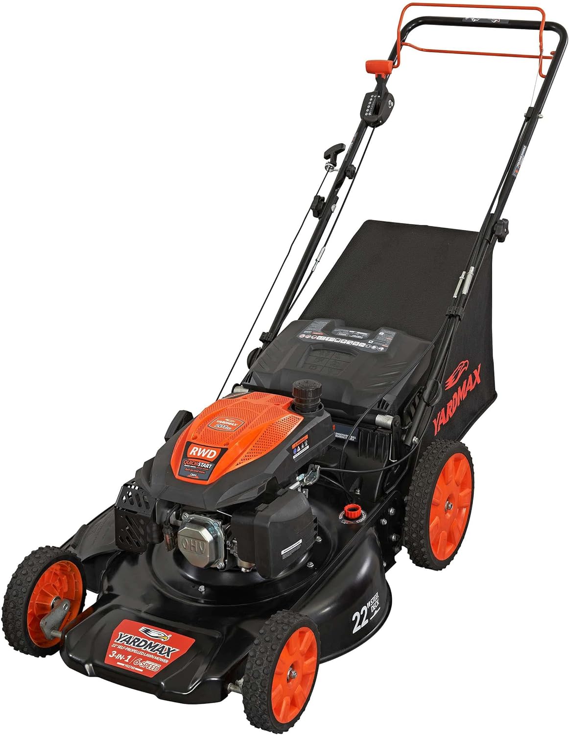 YARDMAX 22 in. 201cc Select PACE 6 Speed CVT High Wheel RWD 3-in-1 Gas Walk Behind Self Propelled Lawn Mower, Black