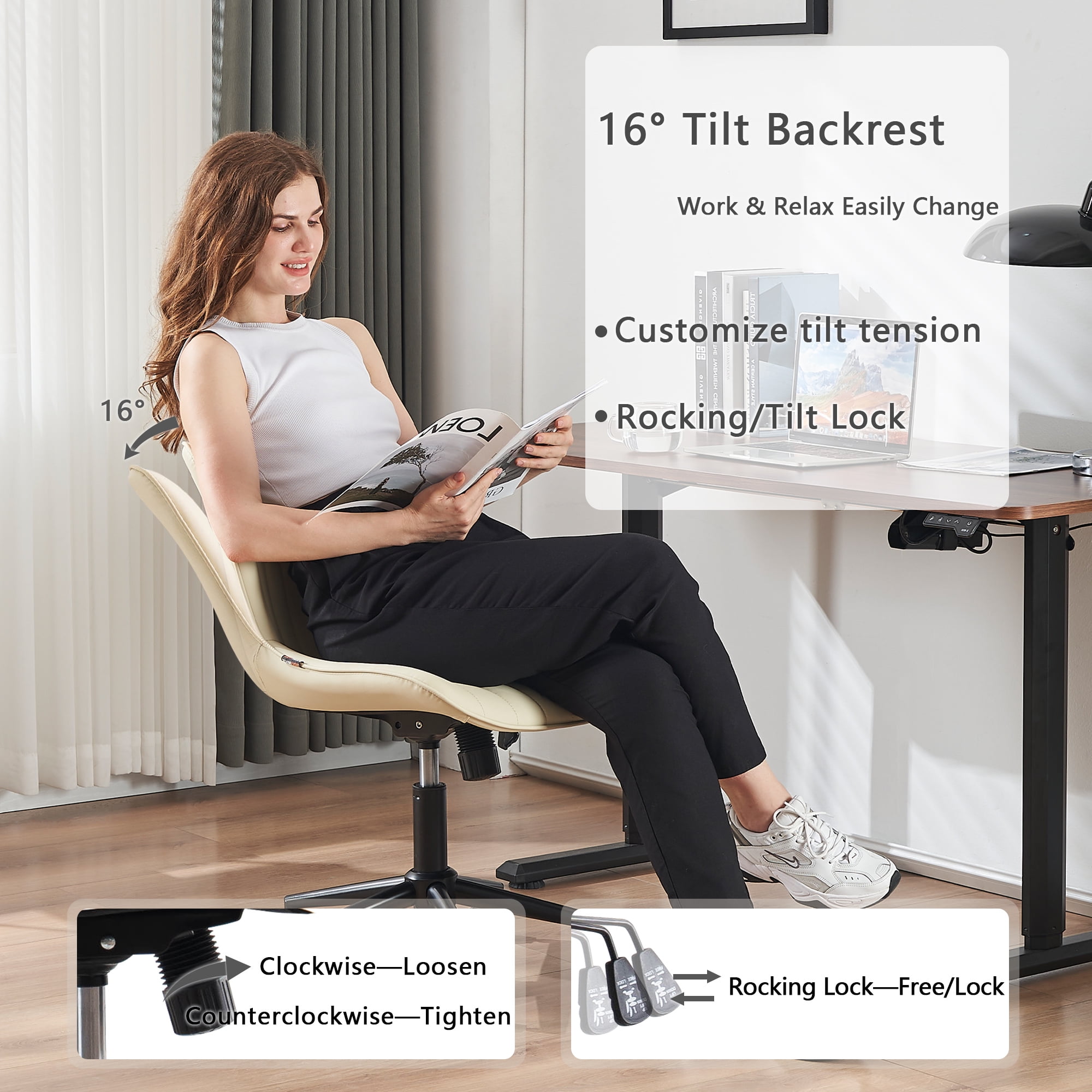 YOUNIKE Cute Armless Office Desk Chair Modern Upholstered Faux Leather Swivel Task Chair, Brown