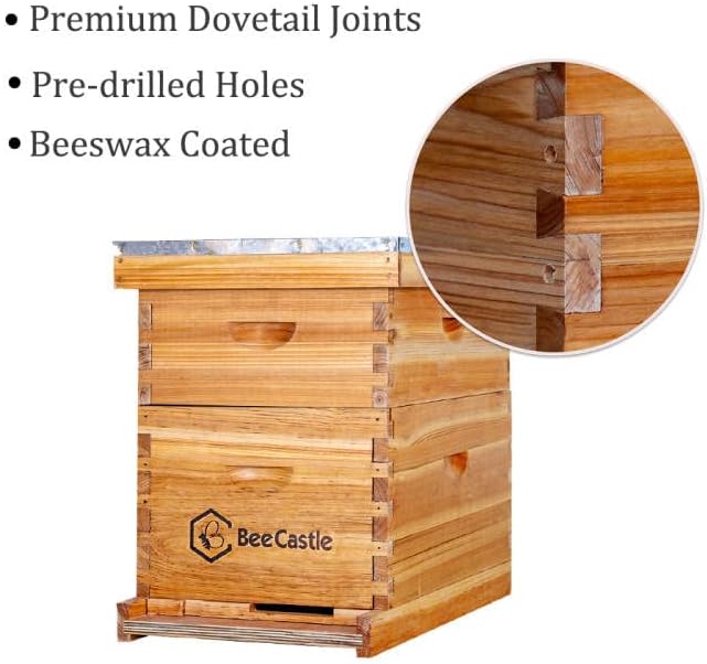 BeeCastle 10-Frames Complete Beehive Kit, 100% Beeswax Coated Bee Hive Includes Beehive Frames and Beeswax Coated Foundation Sheet (2 Layer)