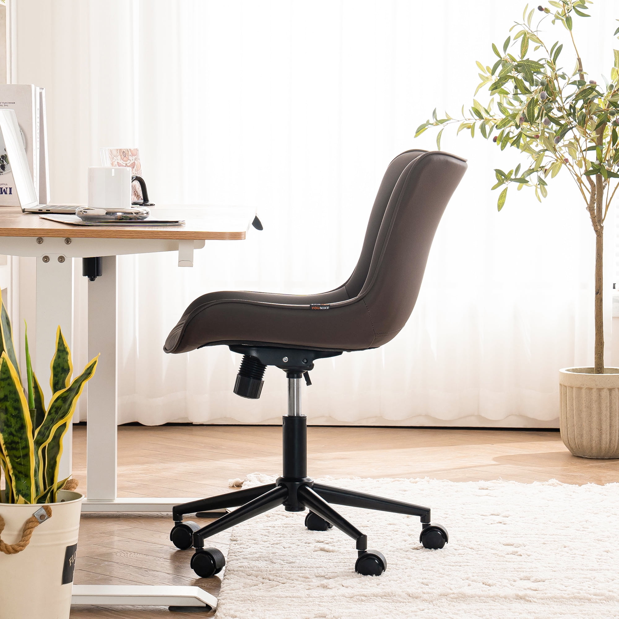 YOUNIKE Cute Armless Office Desk Chair Modern Upholstered Faux Leather Swivel Task Chair, Brown