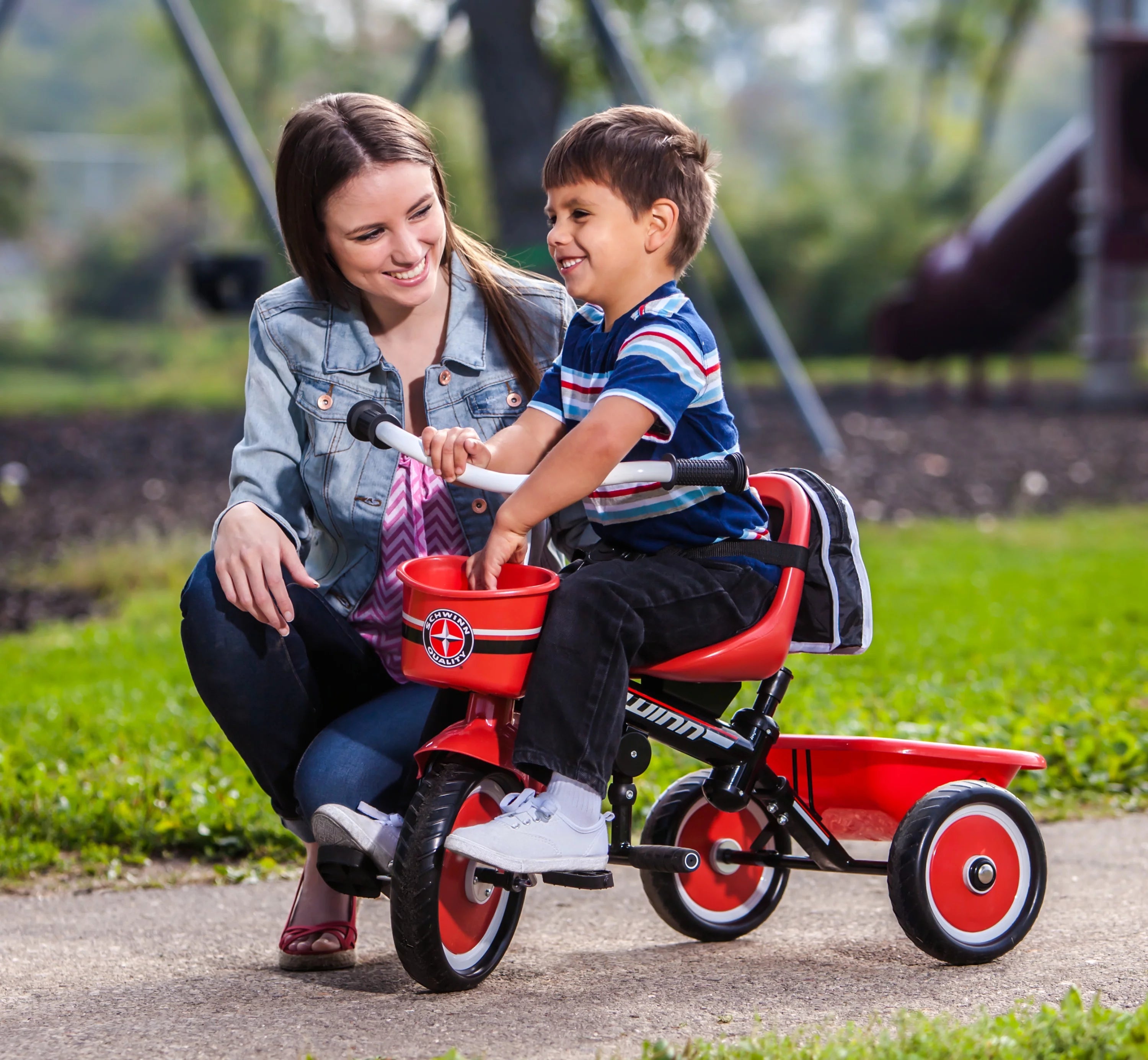 Schwinn Easy-Steer Tricycle with Push/Steer Handle, ages 2 – 4, red & white, toddler bike