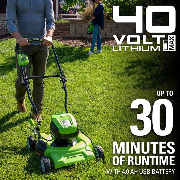 40V 19  Brushless (2-In-1) Lawn Mower, 4Ah USB (Power Bank) Battery and Charger Included MO40L414