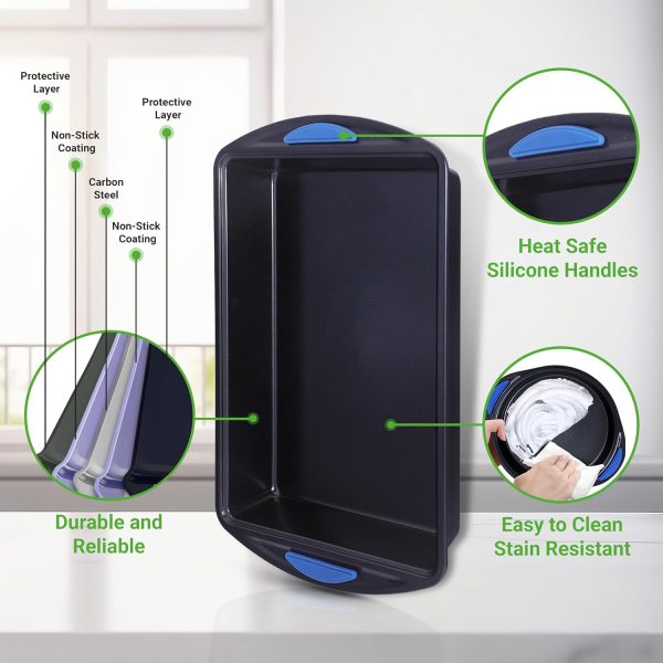 10-Piece Nonstick Bakeware Set Heavy Duty Carbon Steel Baking Trays w/Silicone Handles Includes Cookie Sheets, 12-Cup Muffin Pan, Pizza Loaf Pan, Round Square Pans Easy to Clean