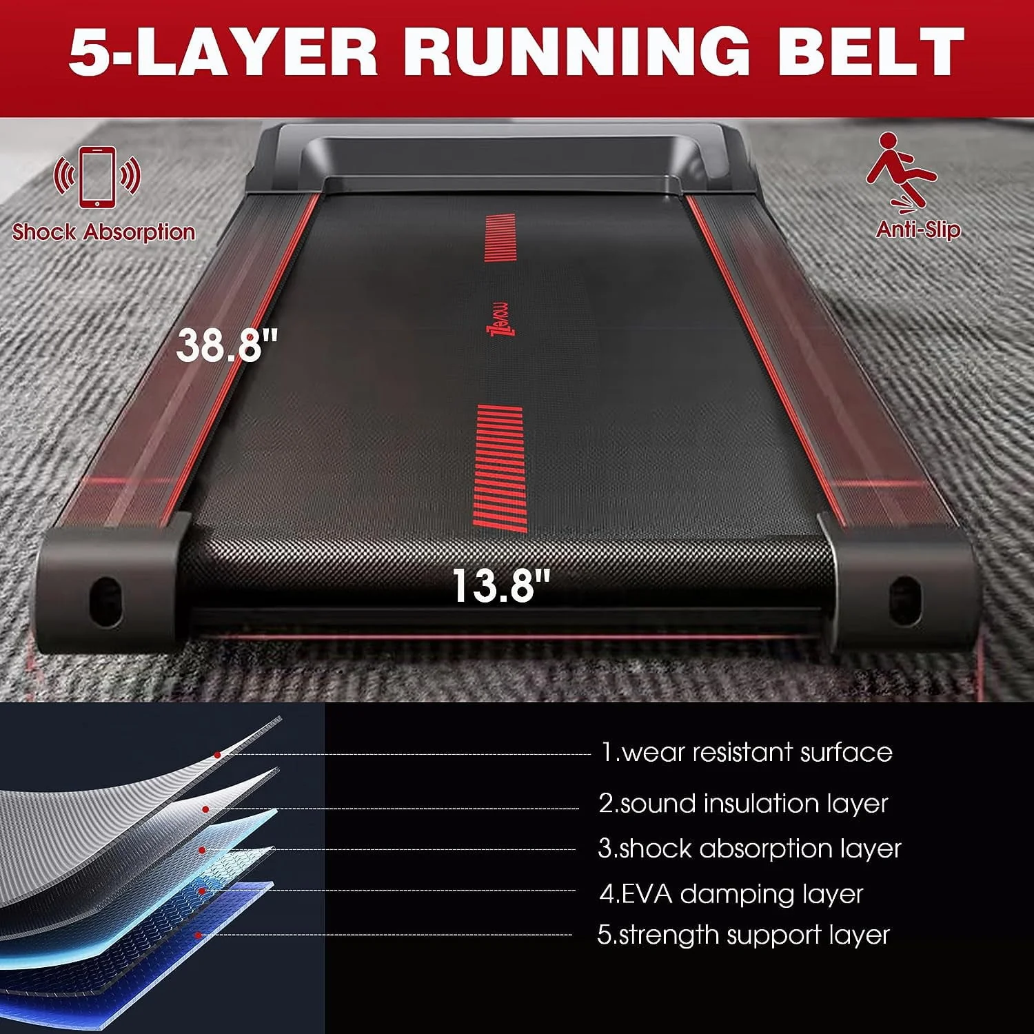 Superjoe Walking Pad Treadmill Under Desk 2 in 1 with Remote Control & Removable Handrails, Under Desk Treadmills for Home Exercise, Walking Running Jogging Machine LED Display Free Installation, Red