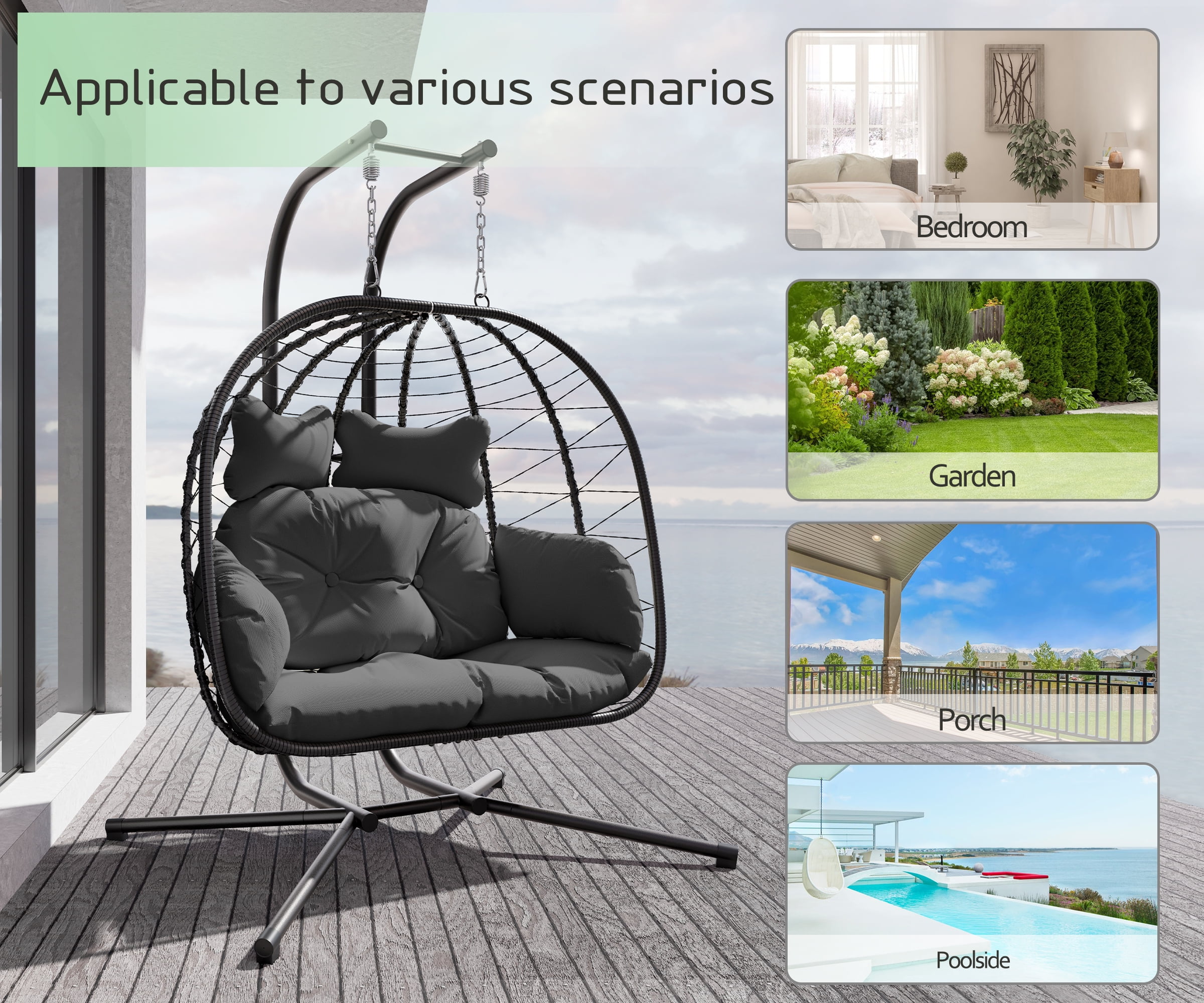 Bifanuo Double Wicker Swing Egg Chair Hammock Foldable Hanging Loveseat with Stand, UV Resistant Removable Cushions, 700LBS Capacity for Bedroom, Balcony (Black and Beige)