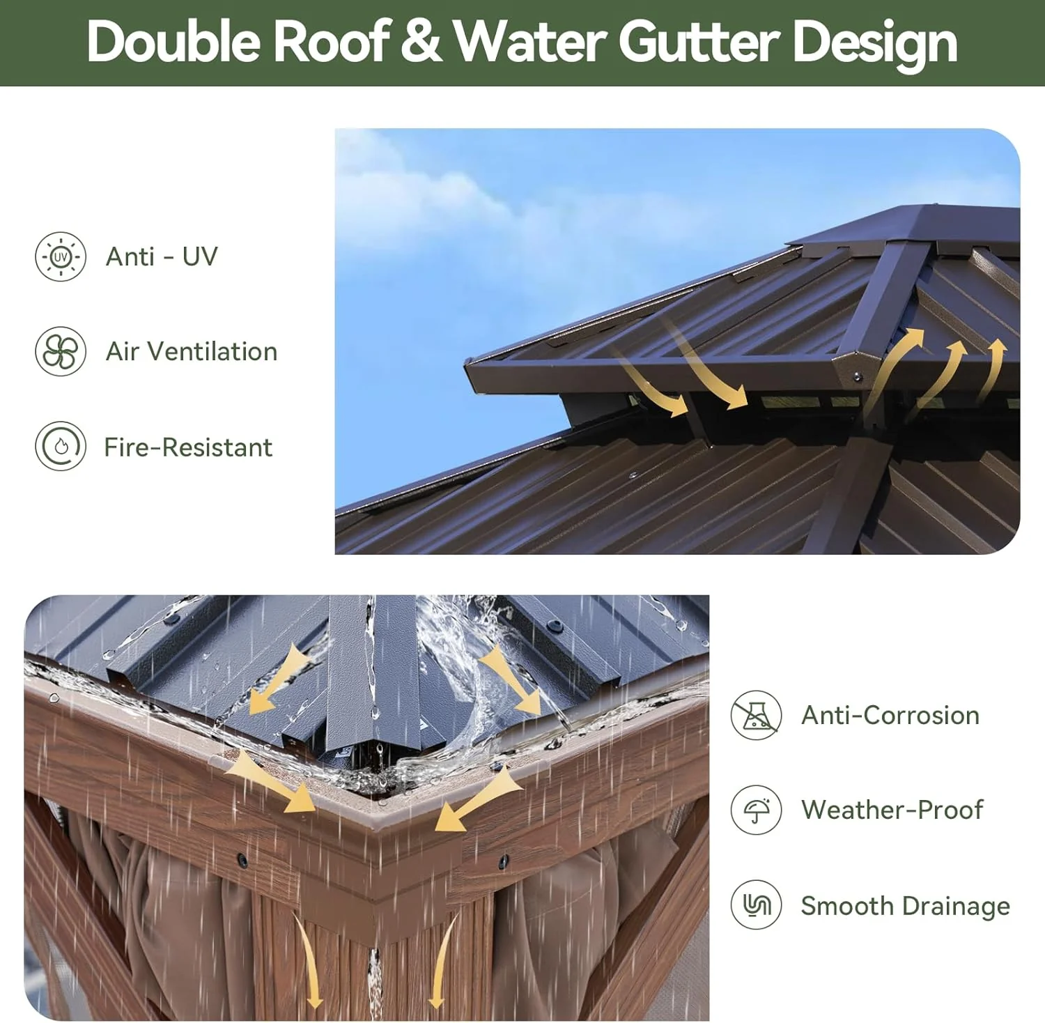 Wood Grain Hardtop Gazebo with Rain Gutter