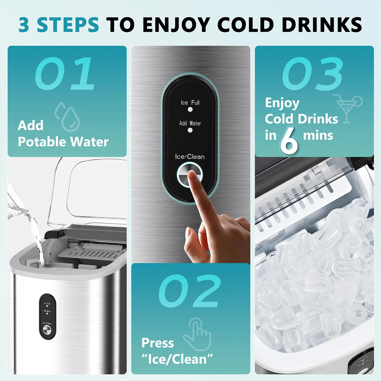 EUHOMY Countertop Ice Maker Machine with Handle 26.3lbs per Day 9 Cubes in 6 Mins