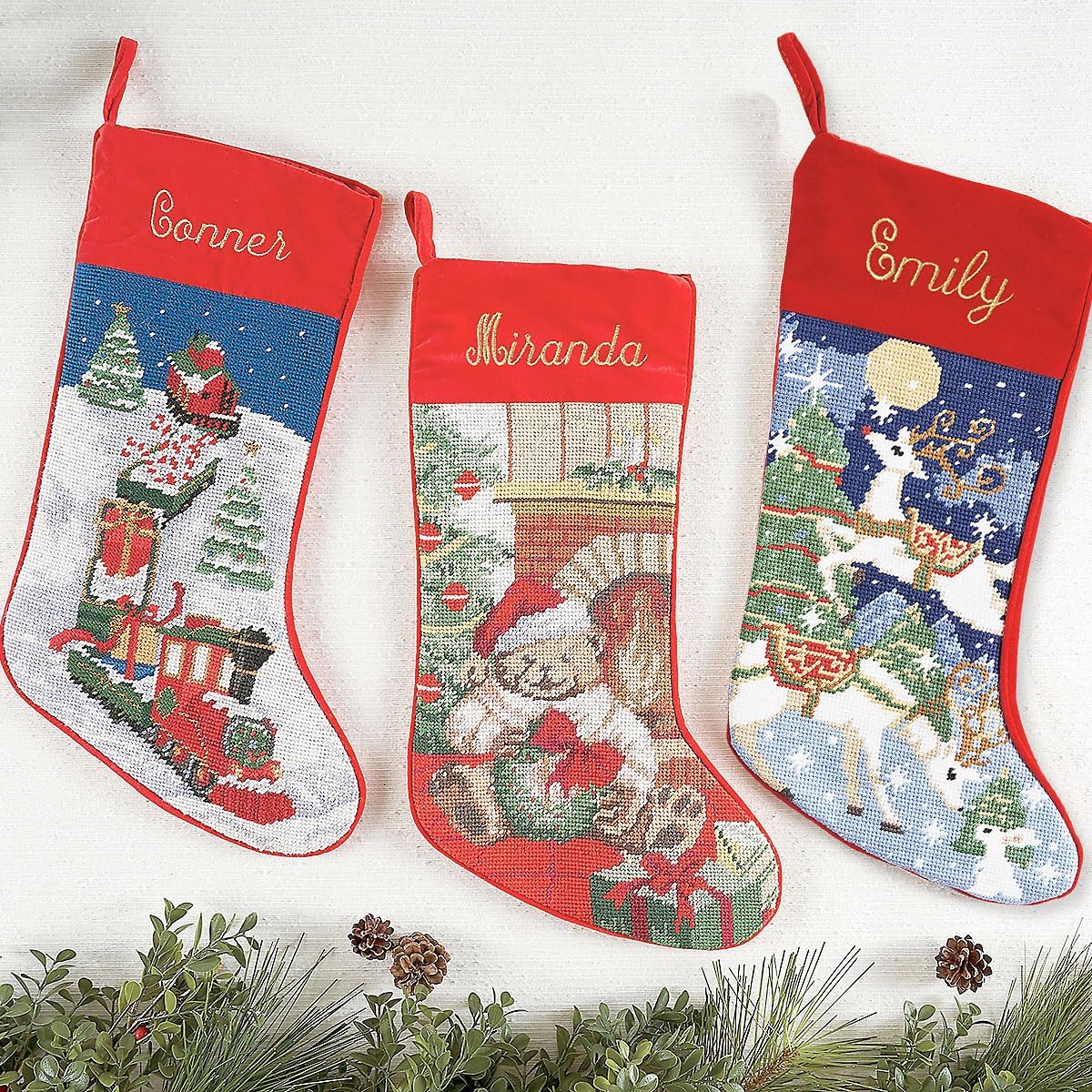 Lillian Vernon Personalized Needlepoint Reindeer Stocking - Heirloom Christmas Stocking, 100% Wool, 9.5” W x 17” L