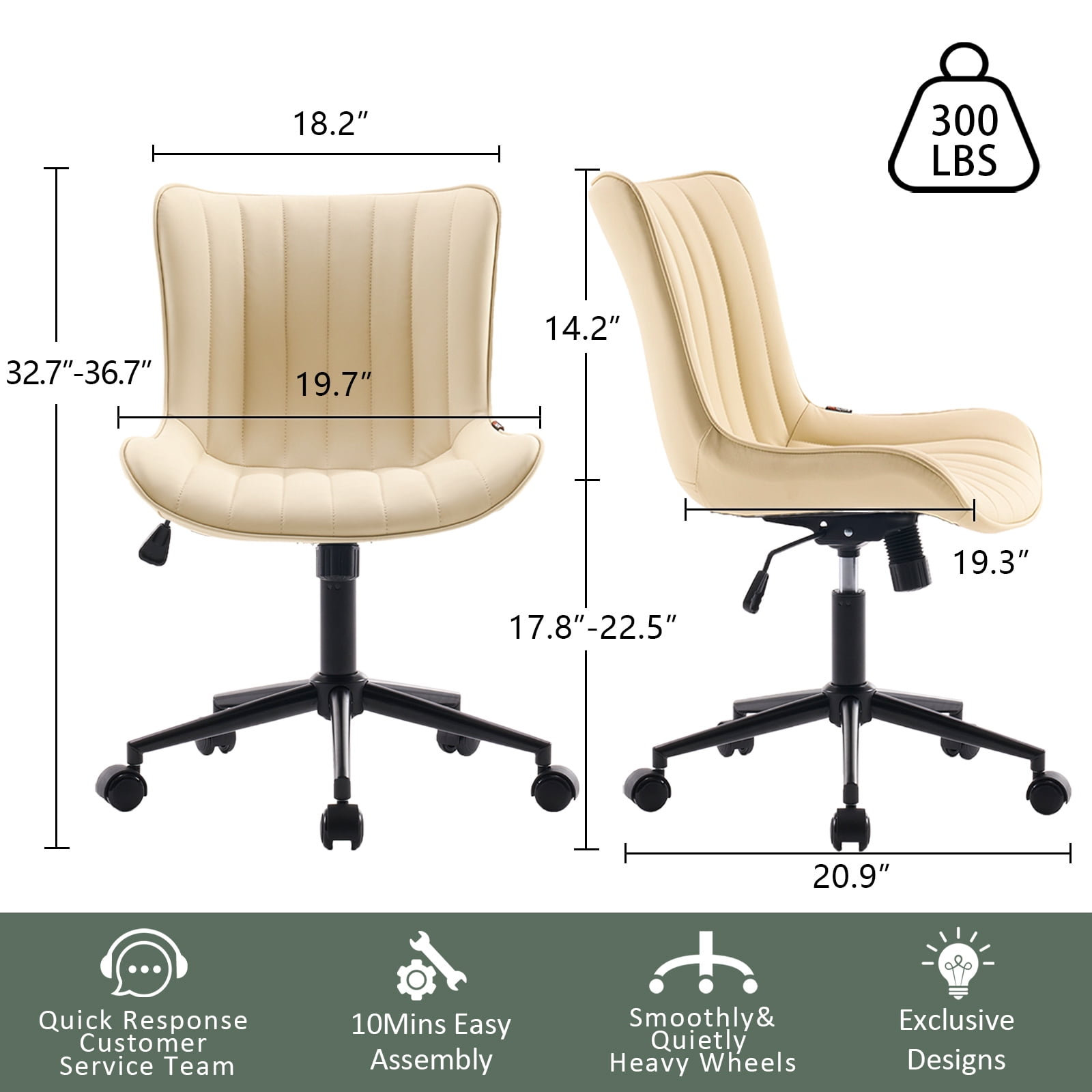 YOUNIKE Cute Armless Office Desk Chair Modern Upholstered Faux Leather Swivel Task Chair, Brown
