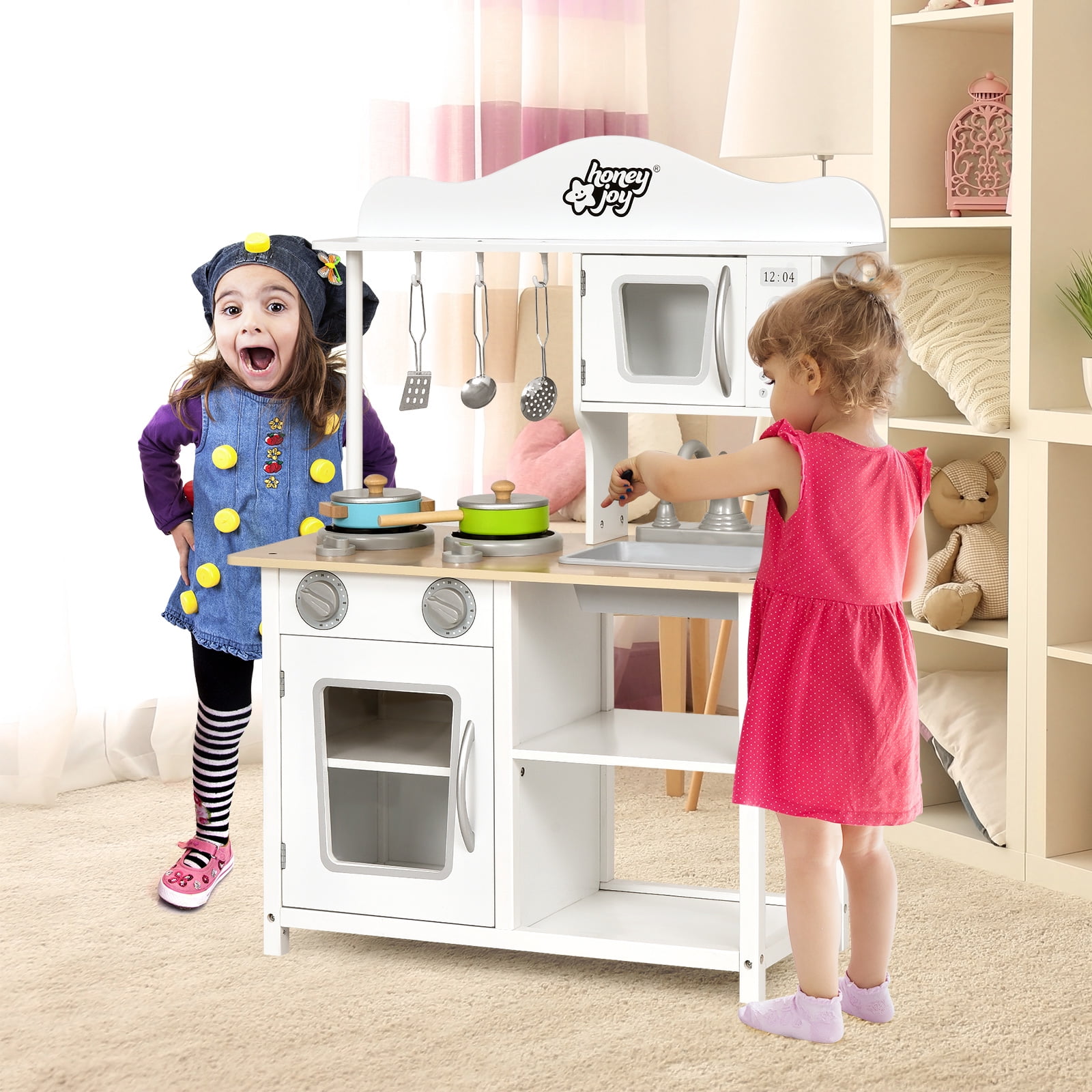 Topbuy Wooden Kids Toddlers Kitchen Playset Cooking Play Toy with Cookware Utensils Play Kitchen