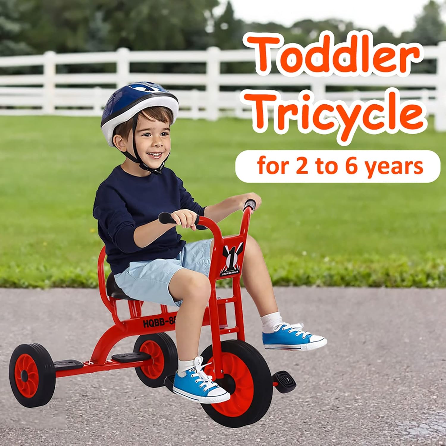 Double Seat Tandem Tricycle for Kids Ages 3-8, Carbon Steel Frame, Inflation-Free Rubber Wheels, Outdoor Play Equipment