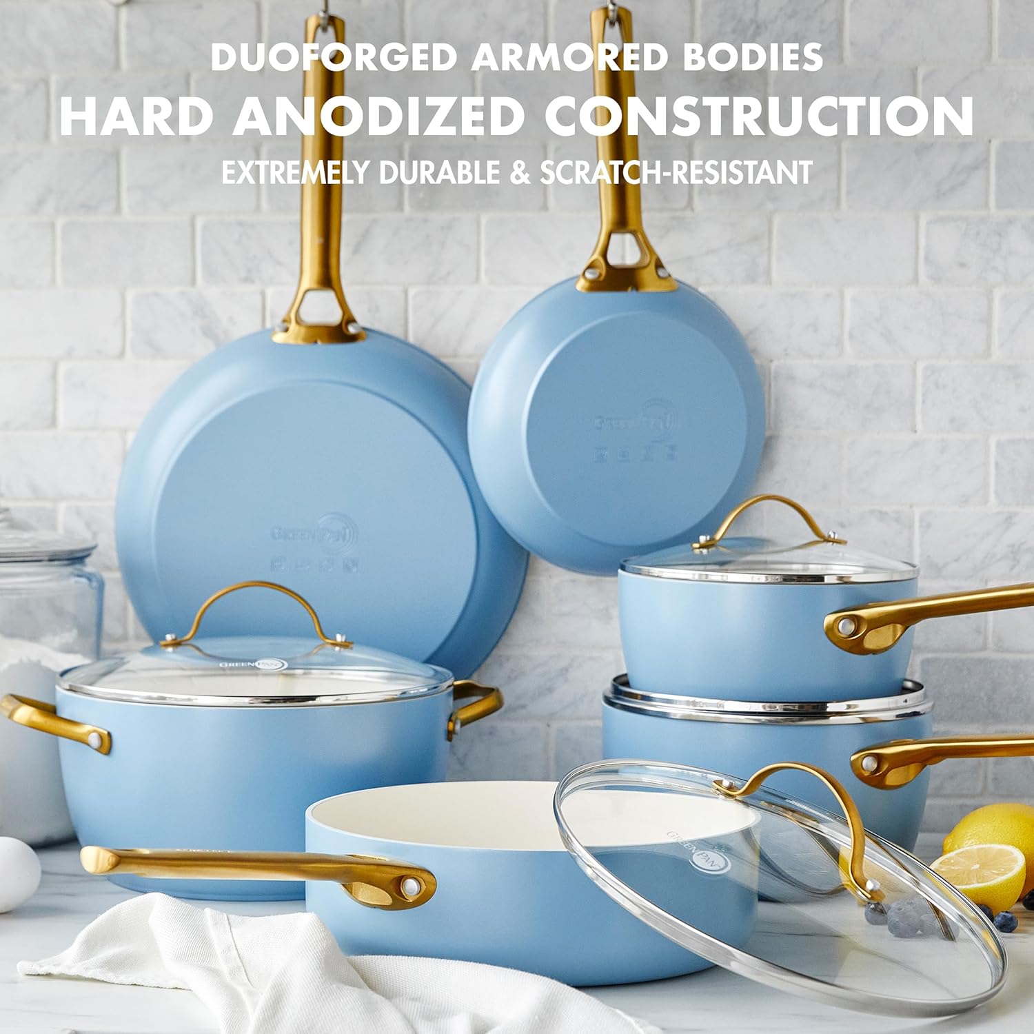 Reserve Hard Anodized Healthy Ceramic Nonstick 10 Piece Cookware Pots and Pans Set, Gold Handle, PFAS-Free, Dishwasher Safe, Oven Safe, Black